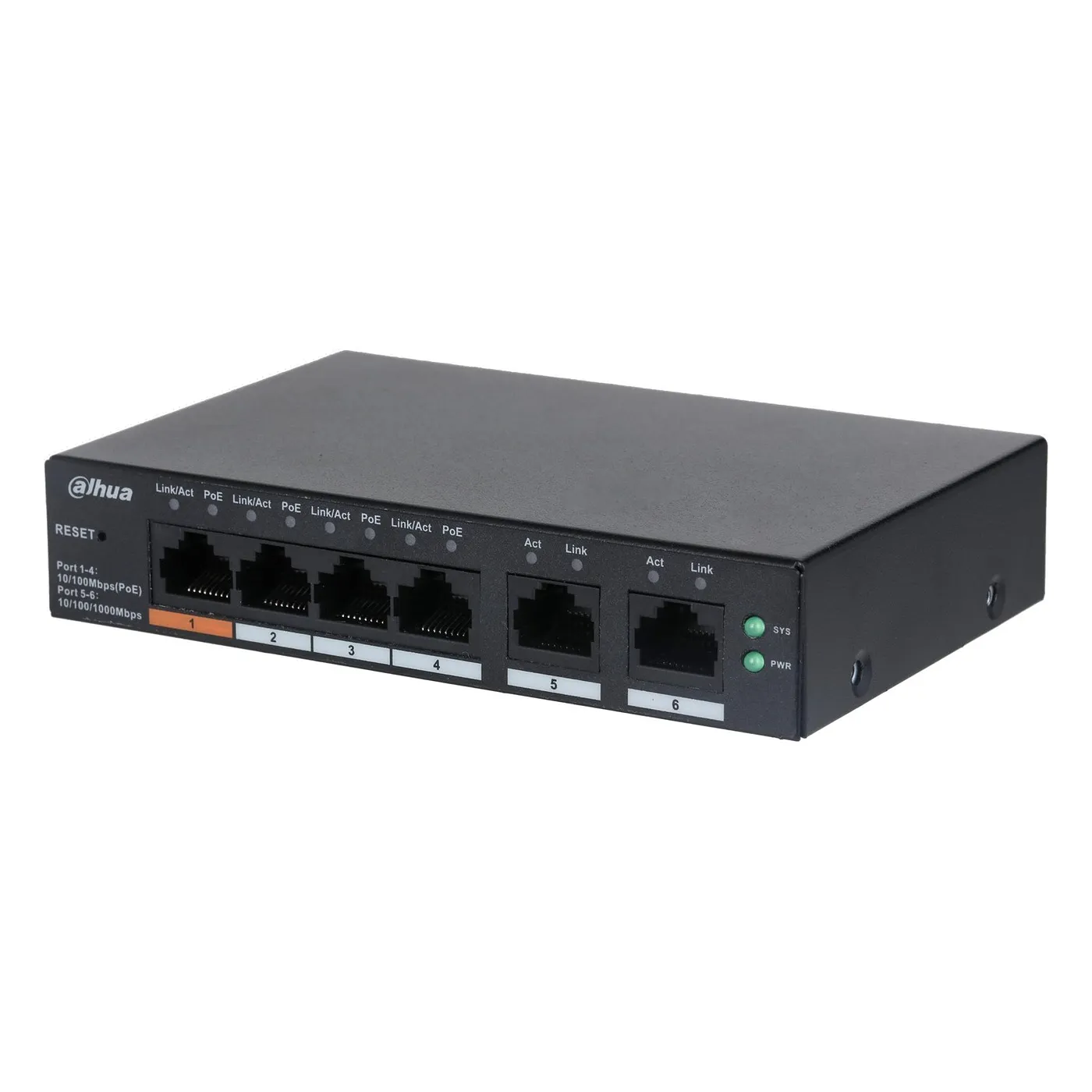 [DH-CS4006-4ET-60] Dahua - Switch PoE de 6 Puertos Administrable 4 Puertos PoE 10/100 2 Puertos Uplink 10/100/1000 60W Totales Administrable en la Nube PoE Hasta 250 Metros Switching 4.8 Gbps Carcasa Metalica