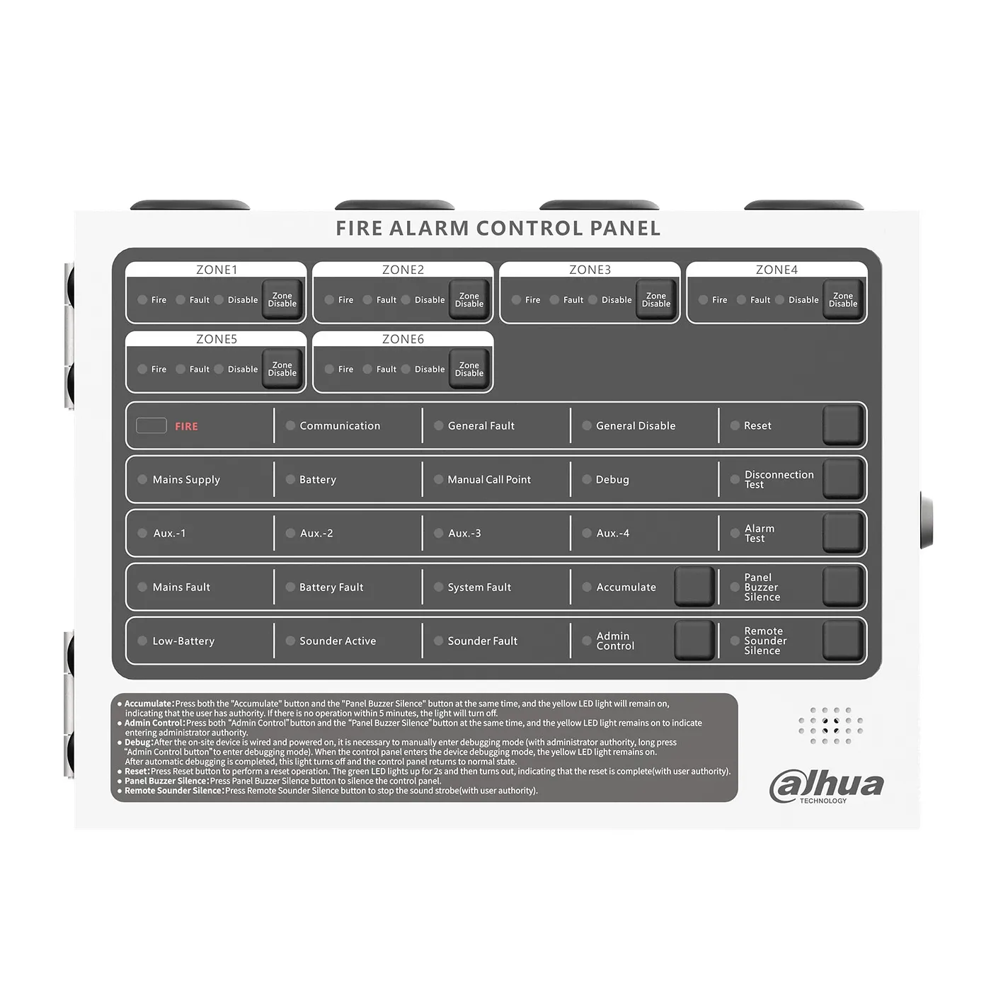 [DHI-HY-C102-6] Dahua - Panel de Control de Alarma Contra Incendios Convencional de 6 Zonas Interfaz Ethernet Interfaz RS-485 Alimentación principal de 90 VCA a 270 VCA Capacidad de 25 detectores por zona 4 contactos secos Registro... [Convencional]