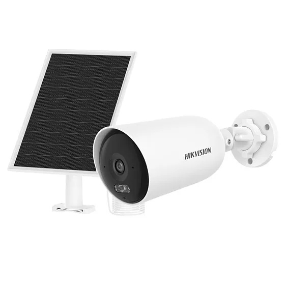 [011332] [DS-2CFS04/4G(2.8mm)] Hikvision - Cámara Bullet IP Solar 4G LTE 2K [4MP] AOV Grabación 24/7 Panel Solar 8W + Batería 9000 mAh Luz Híbrida 30 mts IR + 30 mts Luz Blanca Audio Bidireccional Detección Humano/Vehículo IP66 H.265 Micro SD Lente 2.8mm