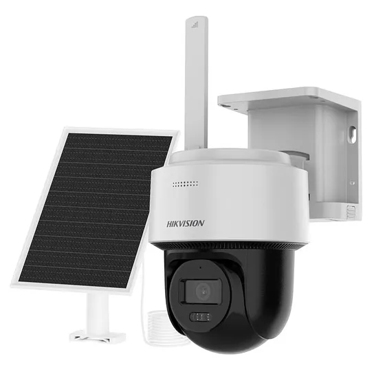 [011333] [DS-2CFSP4/4G(2.8mm)] Hikvision - Cámara PT IP Solar 4G LTE 2K [4MP] AOV Grabación 24/7 Panel Solar 8W + Batería 9000 mAh Paneo 340° Autoseguimiento de Personas Luz Híbrida 30 mts IR + 30 mts Luz Blanca Audio Bidireccional IP66 Micro SD Lente 2.8