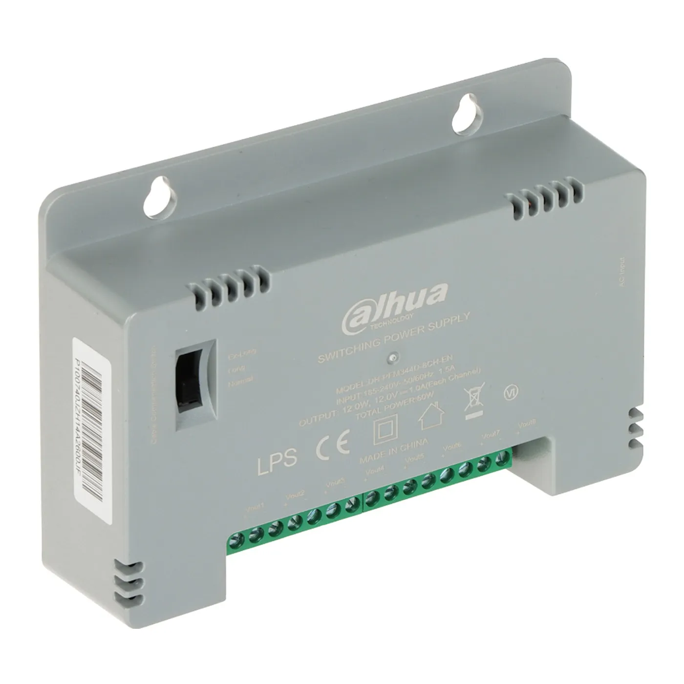 [011154] [DH-PFM344D-8CH-US-V2] Dahua - Fuente de Poder con Distribuidor para 8 Canales 12V 4 Amp 60W Voltaje de Salida Ajustable de 12V/13.5V/15V Protección de Voltaje Protección Contra Fuego V-0 Certificación FCC