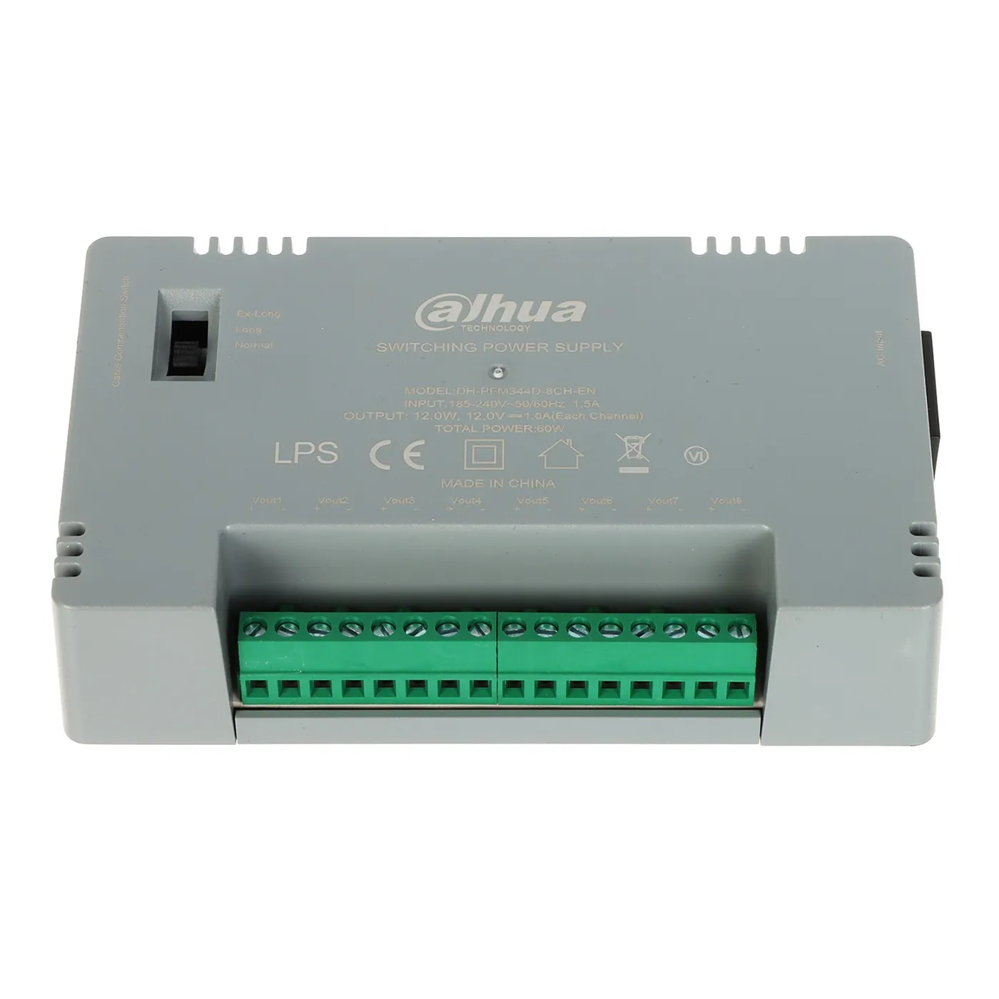 [011154] [DH-PFM344D-8CH-US-V2] Dahua - Fuente de Poder con Distribuidor para 8 Canales 12V 4 Amp 60W Voltaje de Salida Ajustable de 12V/13.5V/15V Protección de Voltaje Protección Contra Fuego V-0 Certificación FCC