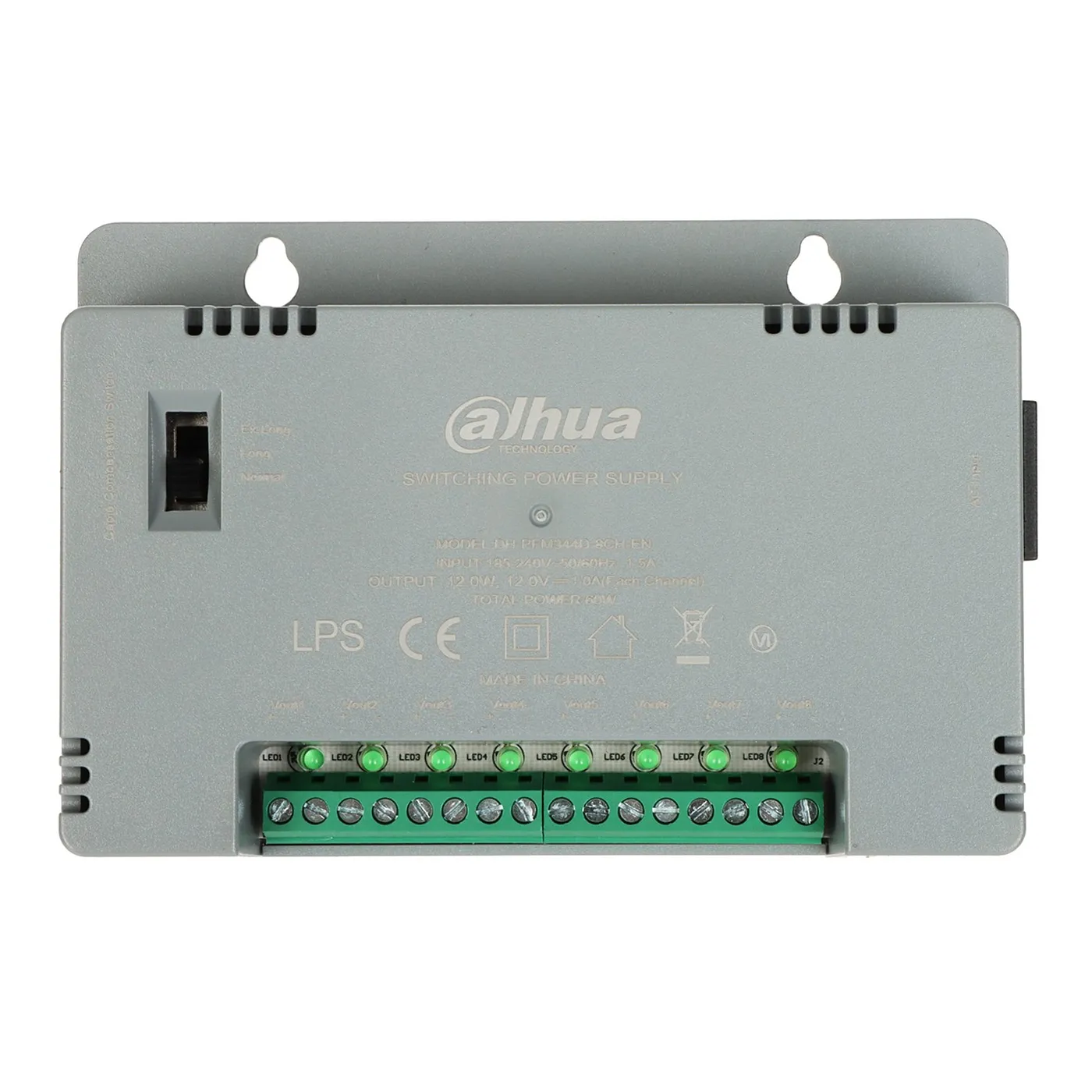 [011154] [DH-PFM344D-8CH-US-V2] Dahua - Fuente de Poder con Distribuidor para 8 Canales 12V 4 Amp 60W Voltaje de Salida Ajustable de 12V/13.5V/15V Protección de Voltaje Protección Contra Fuego V-0 Certificación FCC