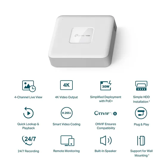 [010691] [NVR1104H-4P] Vigi By TP-Link - NVR IP 4 Canales 4 Puertos PoE+ Salida de Vídeo HDMI 4K H.265+ ONVIF