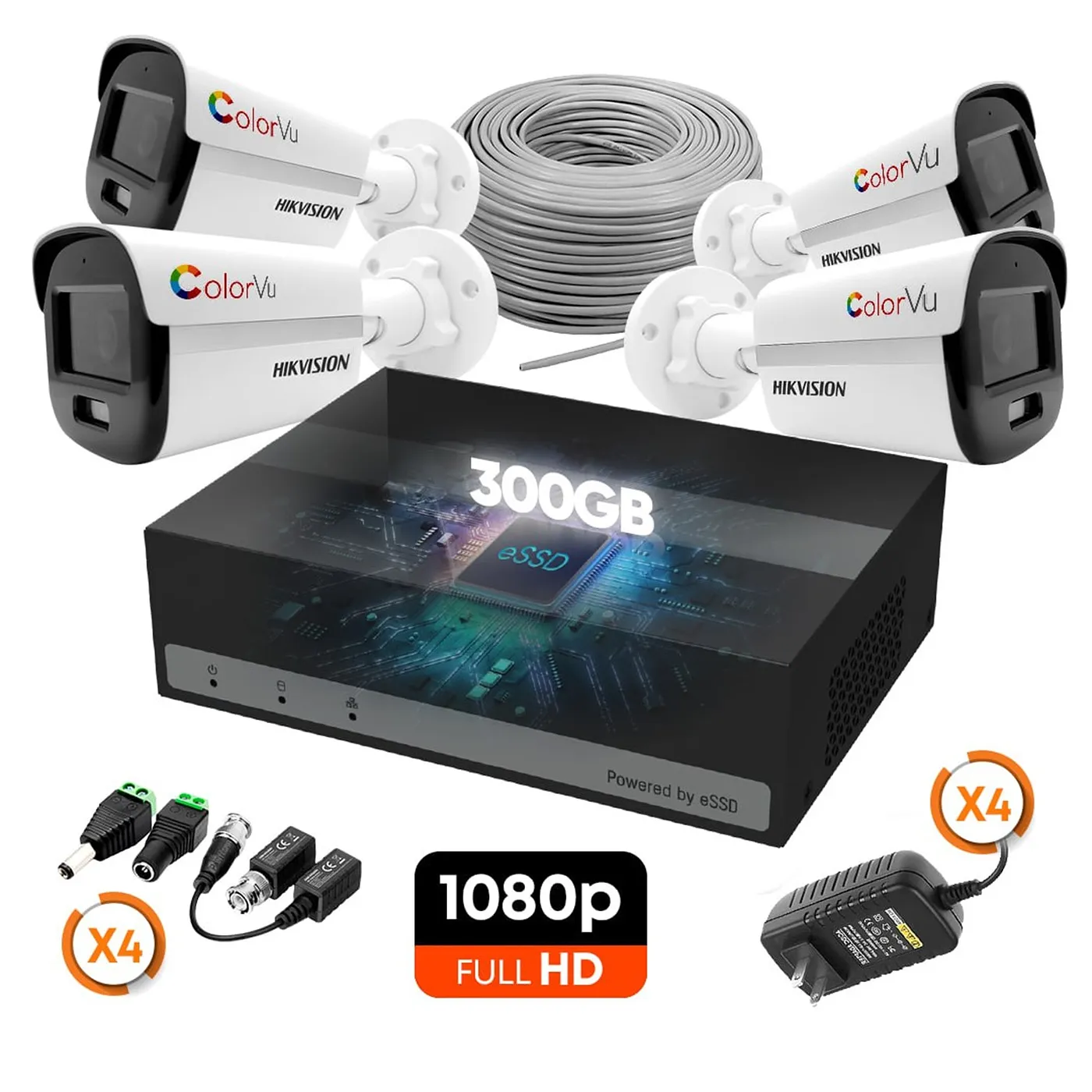 [010808] [KITCAM01] Hikvision - Kit Cámaras de Seguridad 4CH ColorVU 4 Bullet HD 1080P [2MP] 300Gb con Accesorios