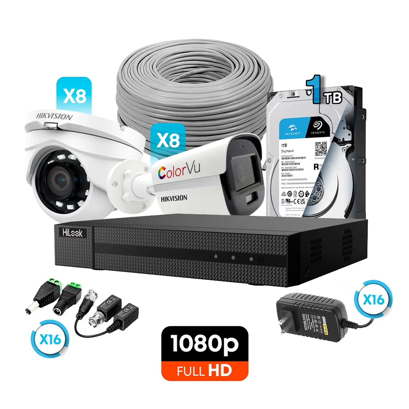 [010813] [KITCAM05] Hikvision/HiLook - Kit Cámaras de Seguridad 16CH 8 Domo Metal 8 Bullet ColorVu HD 1080P [2MP] 1Tb con Accesorios