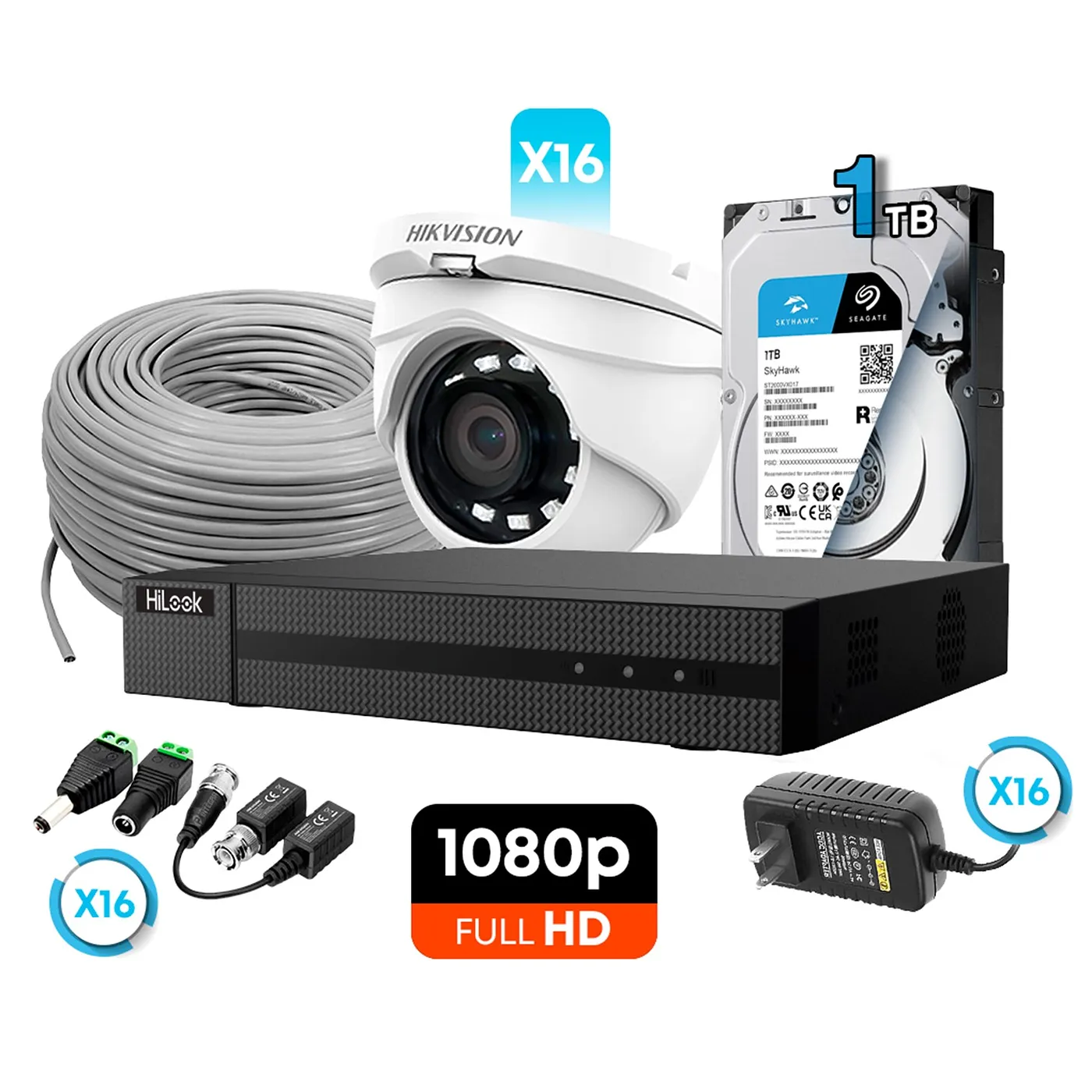 [010814] [KITCAM06] Hikvision/HiLook - Kit Cámaras de Seguridad 16CH 16 Domo Metal HD 1080P [2MP] 1Tb con Accesorios