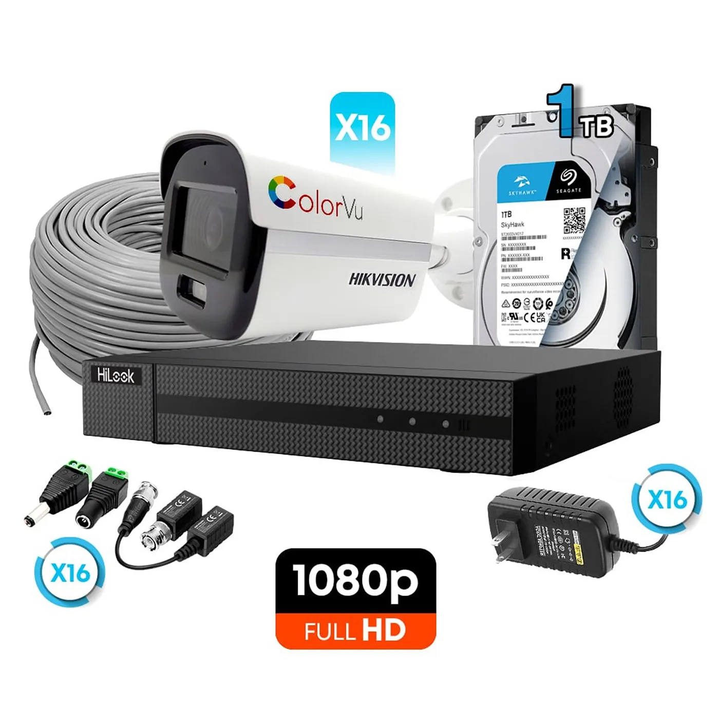 [010815] [KITCAM07] Hikvision/HiLook - Kit Cámaras de Seguridad 16CH 16 Bullet ColorVu HD 1080P [2MP] 1Tb con Accesorios
