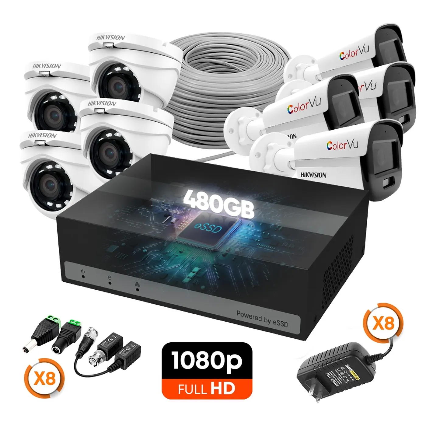 [010820] [KITCAM09] Hikvision - Kit Cámaras de Seguridad 8CH ColorVU 4 Bullet 4 Domo Metal HD 1080P [2MP] 480Gb con Accesorios
