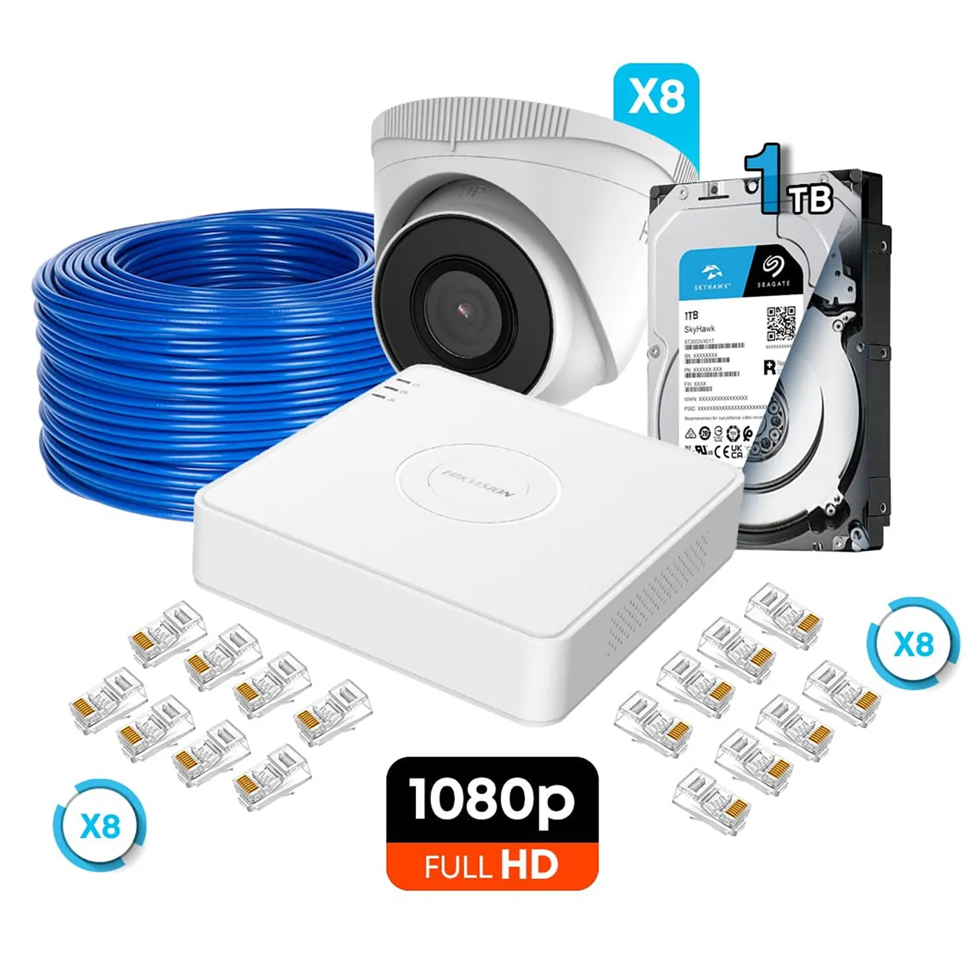 [010827] [KITCAM12] Hikvision - Kit Cámaras de Seguridad 8CH IP POE 8 Domo Plastico HD 1080P [2MP] 1Tb con Accesorios
