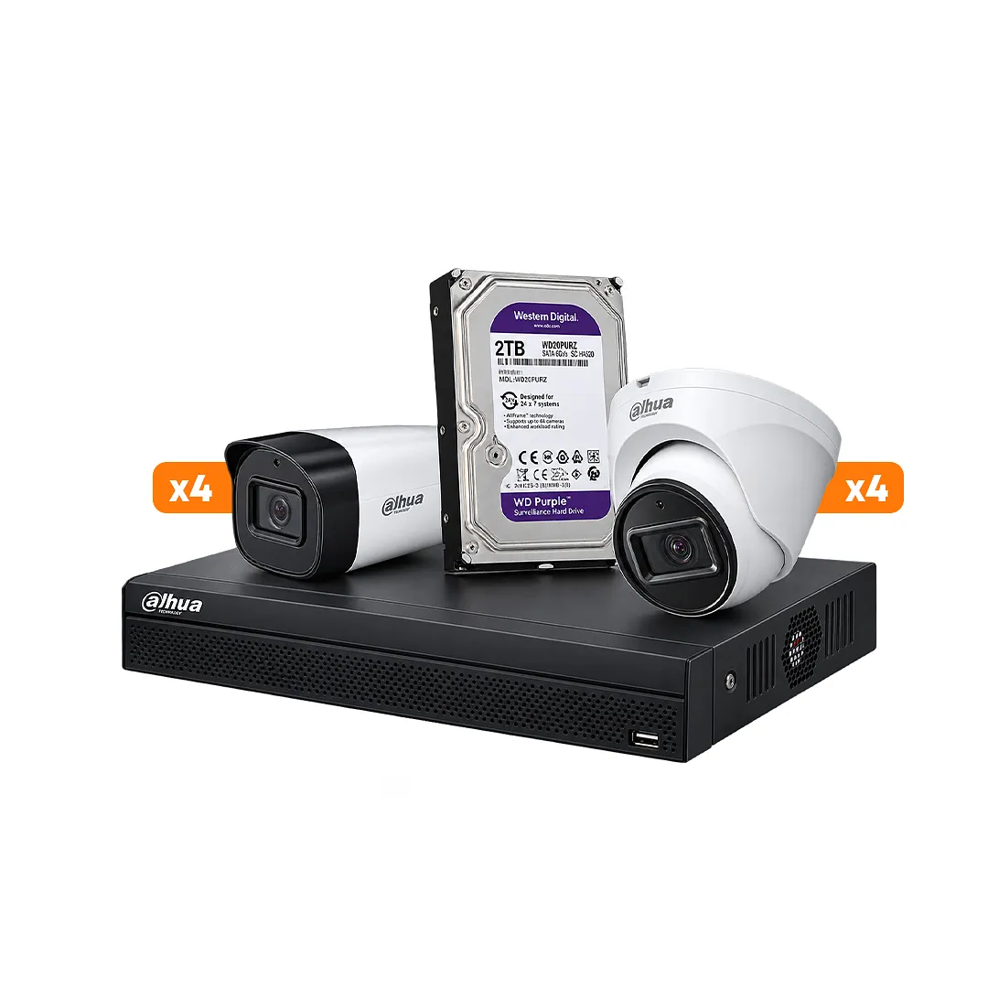[011228] [KITCAM21] Dahua – Kit 8 Camaras IP 4 Domo 1080P (2MP) 4 Bullet 1080P (2MP) NVR 8CH PoE 4K 1 HDD 2TB