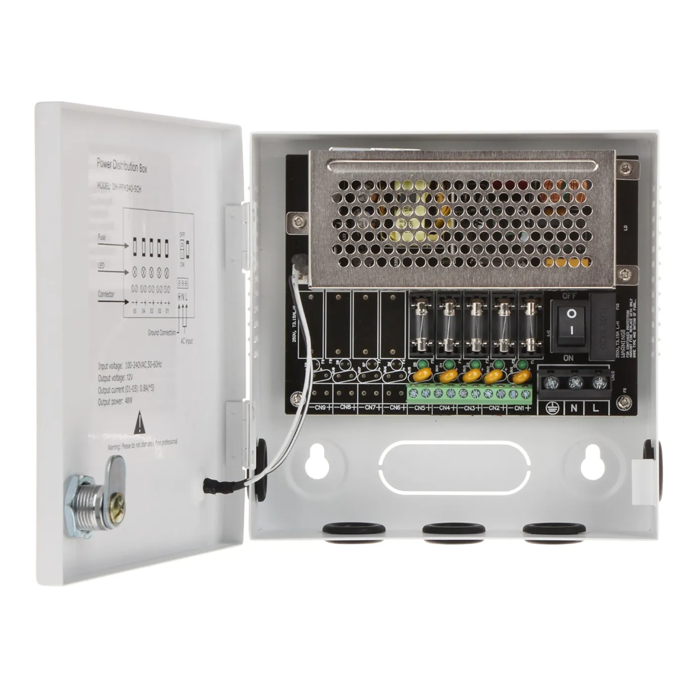 [011160] [DH-PFM340-5CH] Dahua - Fuente de Poder Centralizada de 12V 4A con Distribuidor para 5 Camaras Indicadores Led por Canal Voltaje de Entrada de AC90V-264V Fusibles Intercambiables Gabinete Metalico con Cerradura Protección Contra Descargas