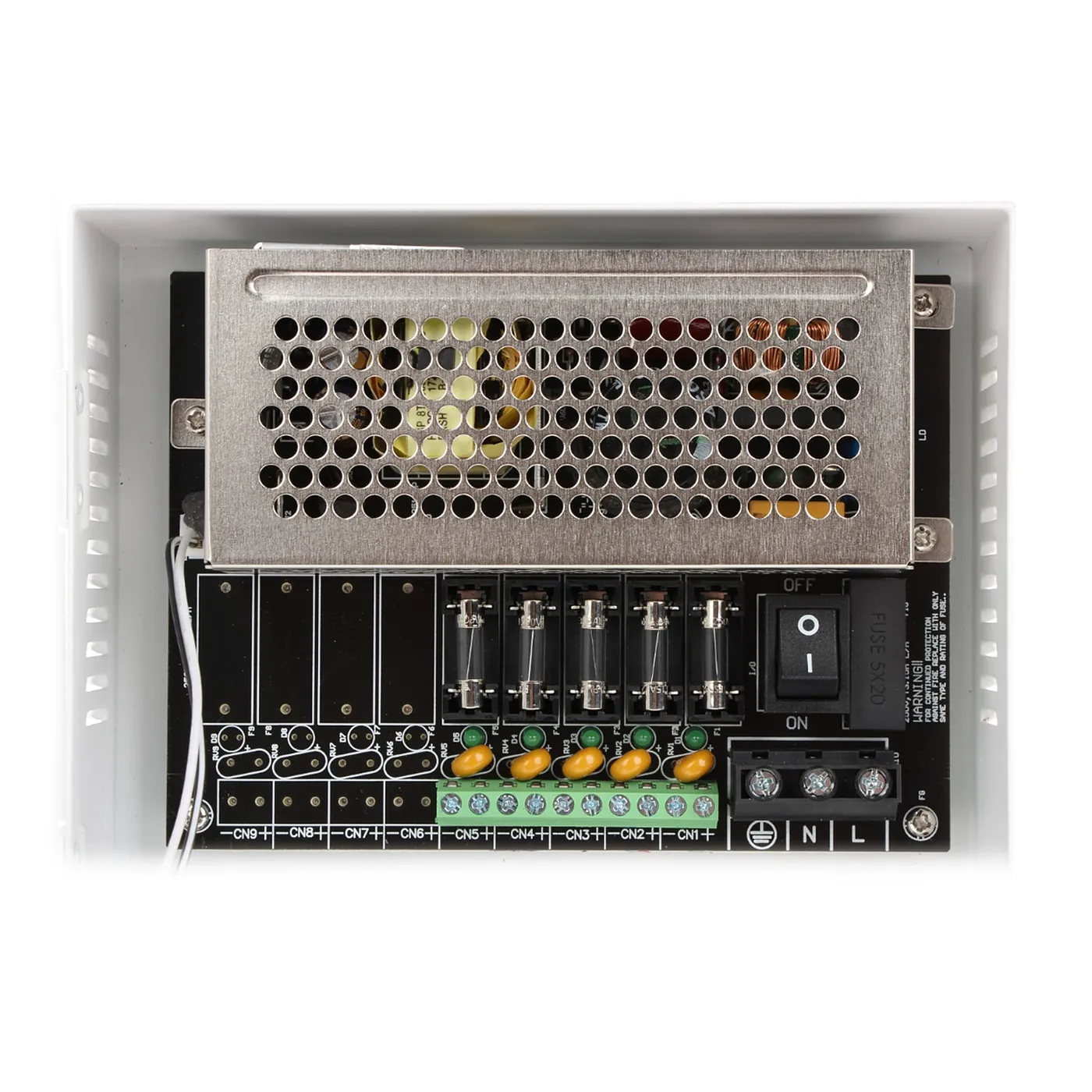 [011160] [DH-PFM340-5CH] Dahua - Fuente de Poder Centralizada de 12V 4A con Distribuidor para 5 Camaras Indicadores Led por Canal Voltaje de Entrada de AC90V-264V Fusibles Intercambiables Gabinete Metalico con Cerradura Protección Contra Descargas