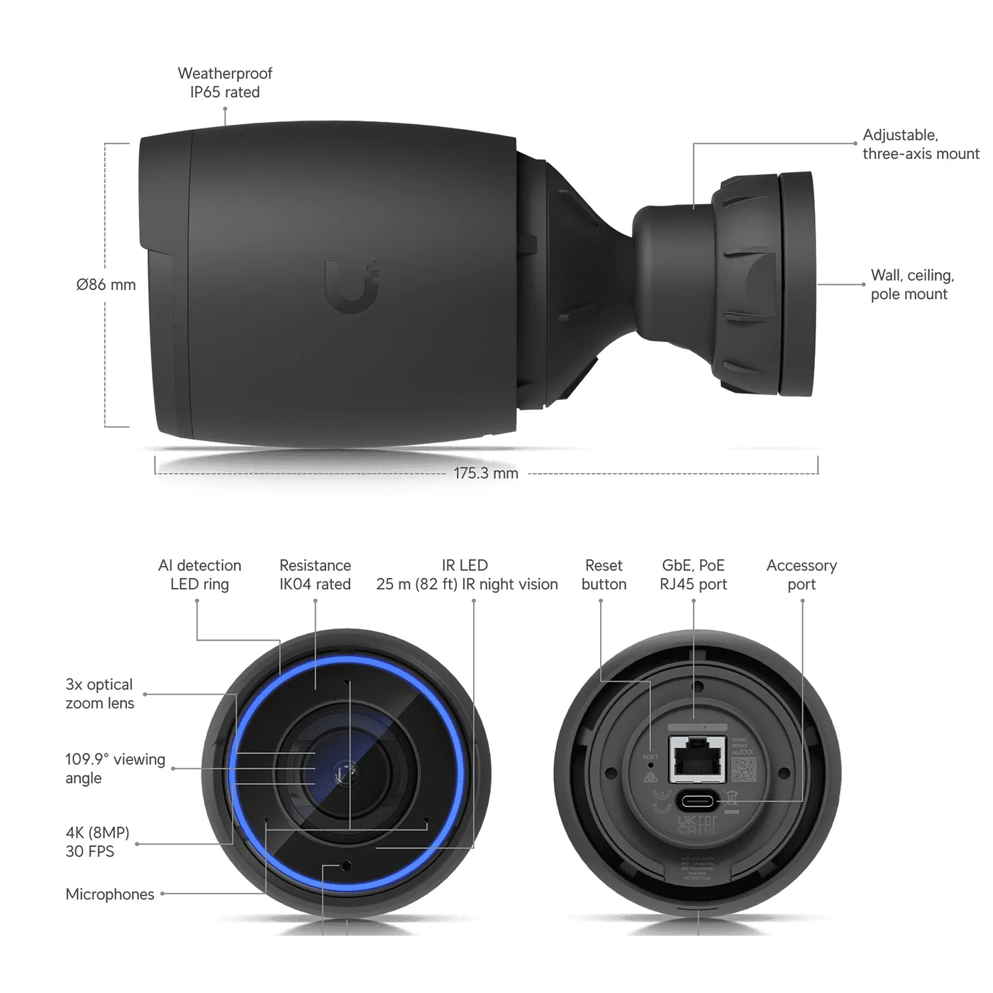 [011328] [UVC-AI-Pro] Ubiquiti - UniFi Protect AI Pro, Cámara 4K [8MP] con Zoom Óptico 3x, Visión Nocturna IR de 25 m, Reconocimiento Facial y de Matrículas, Audio Bidireccional, PoE e IP65