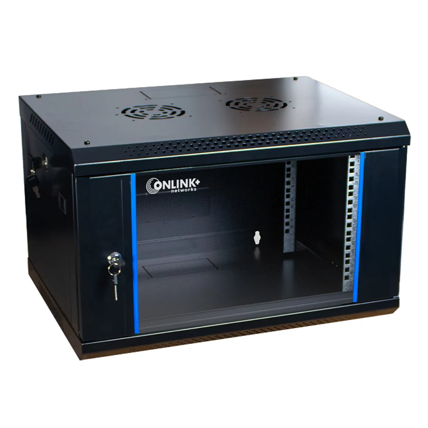 [020457] [WM6406-450-BLACK] Onlink - Rack de Pared [6U] Cerrado Fijo 600x 450x368mm con 3 Cerraduras y Puerta de Vidrio [Negro]