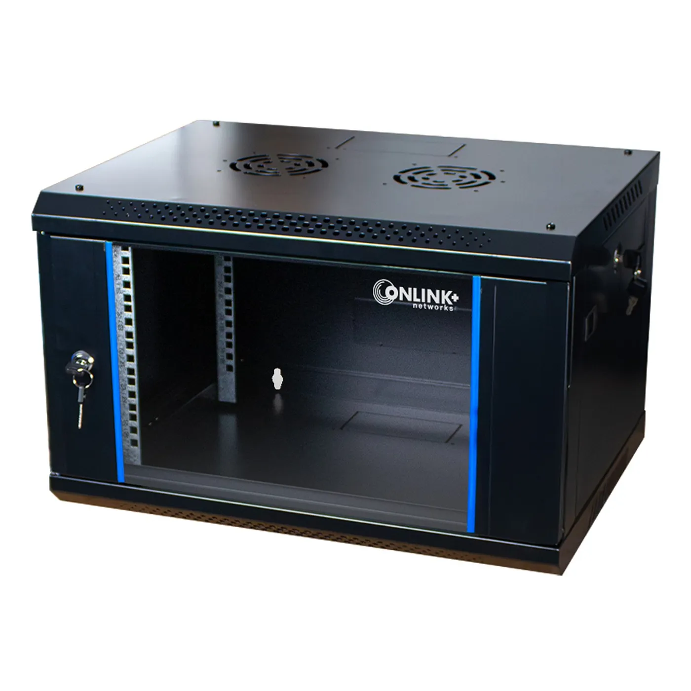 [020457] [WM6406-450-BLACK] Onlink - Rack de Pared [6U] Cerrado Fijo 600x 450x368mm con 3 Cerraduras y Puerta de Vidrio [Negro]