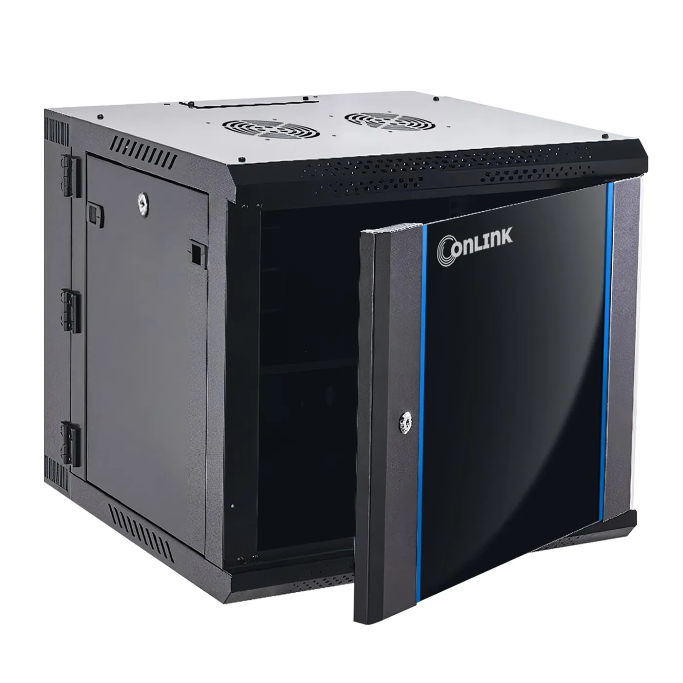 [020462] [WMG6512-550-BLACK] Onlink - Rack de Pared [12U] Cerrado Abatible 600x550x635mm con 3 Cerraduras y Puerta de Vidrio [Negro]