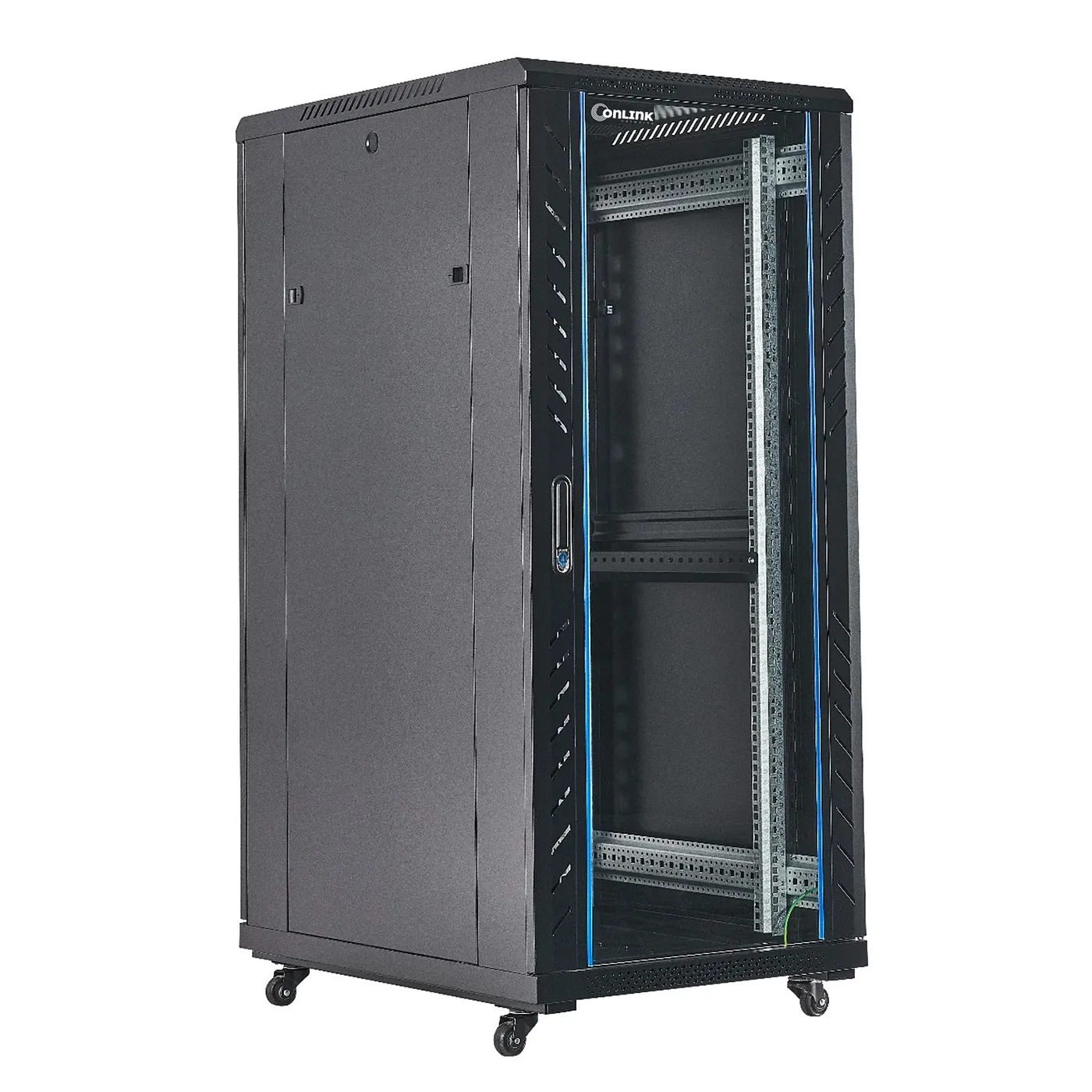 [020897] [AS6827-VDM/600x800-BLACK] Onlink - Rack de Piso [27U] Cerrado 600x800x1387mm con Puerta Frontal de Vidrio y Doble Puerta Trasera de Malla [Negro]