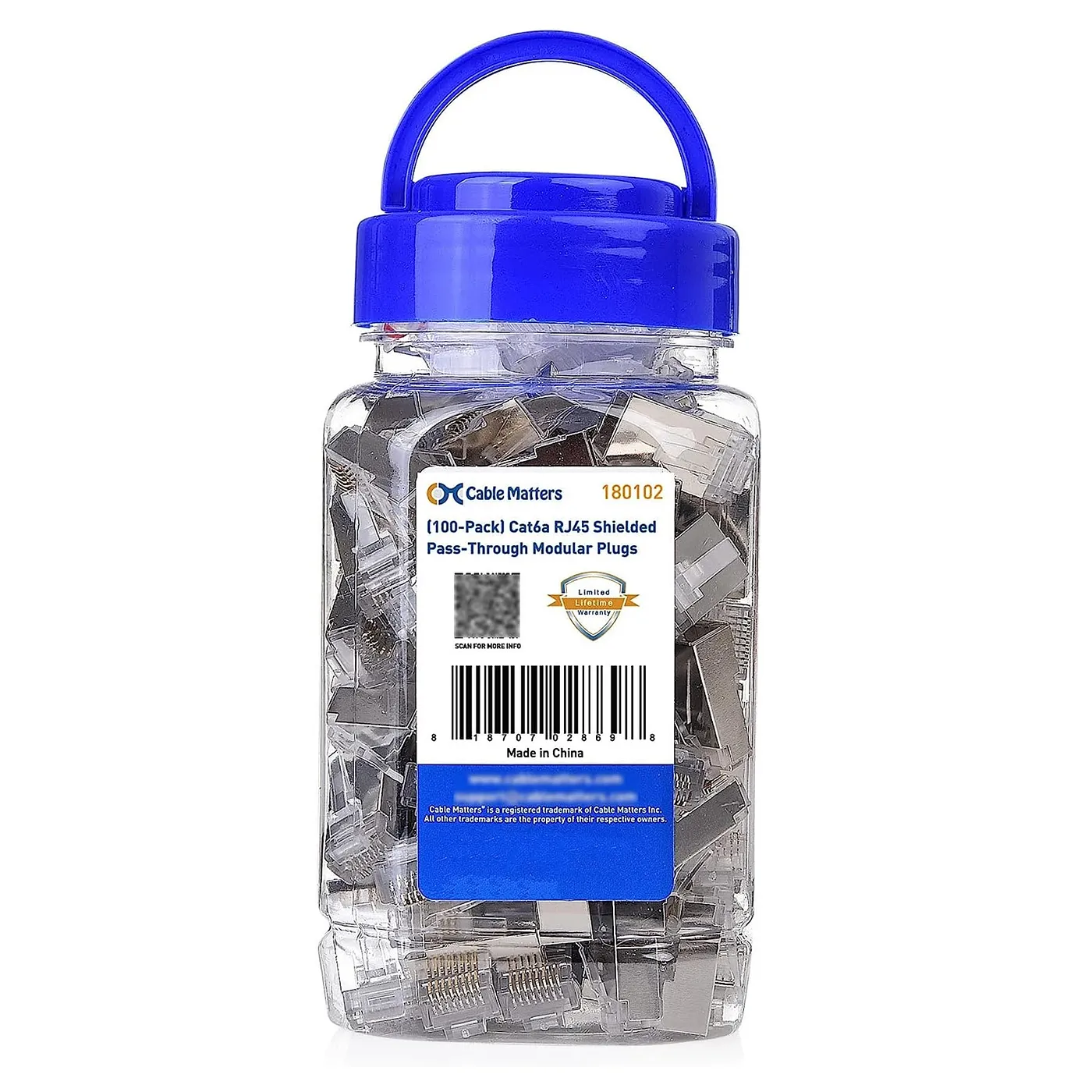 [020953] [CM-CAT6A-100-PASS-B] Cable Matters - Conector Modular RJ45 CAT6 (Categoria 6) Blindado Pass-Through Pasante [100 Unidades]