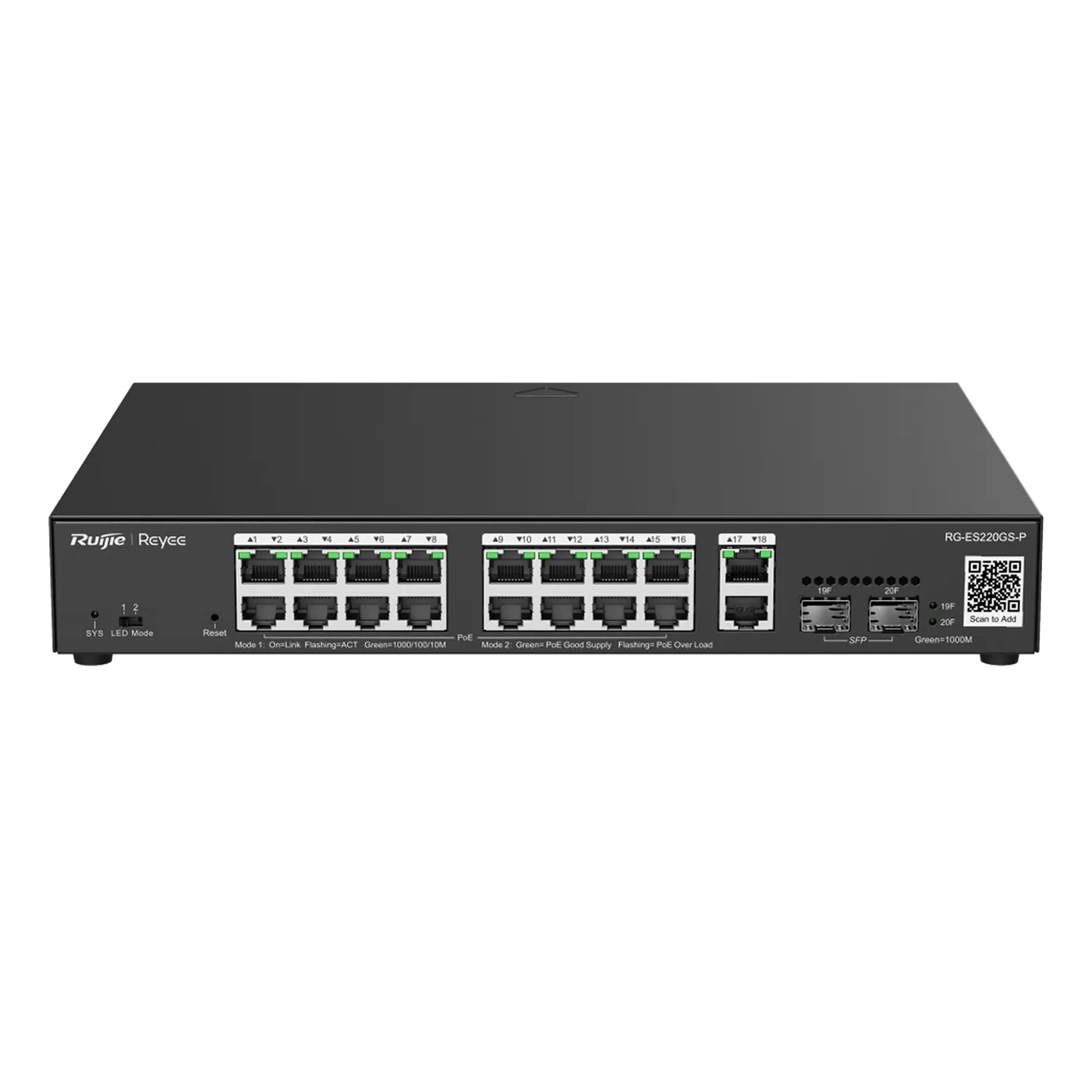[021629] [RG-ES220GS-P] Ruijie/Reyee - SMB Switch Rackeable Administrable L2 PoE con 18 Puertos Gigabit PoE 802.3af/at + 2 SFP 1Gb 250W