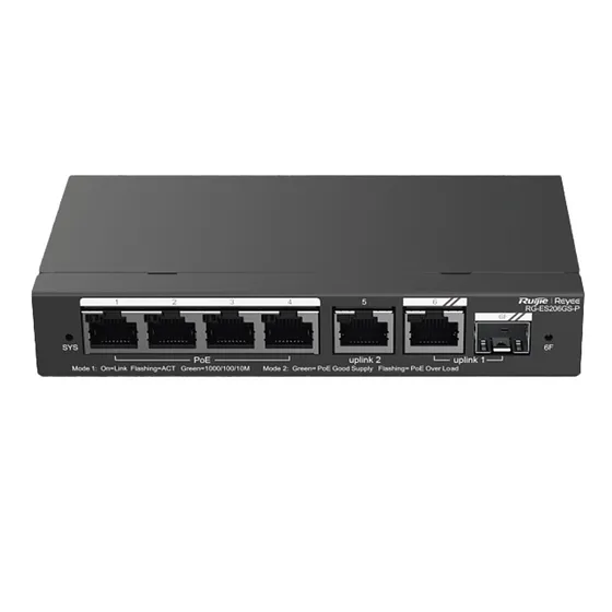 [021631] [RG-ES206GS-P] Ruijie/Reyee - SMB Switch 4 Puertos Gigabit PoE 2 Uplink Gigabit y 1 Uplink Gigabit SFP 54W