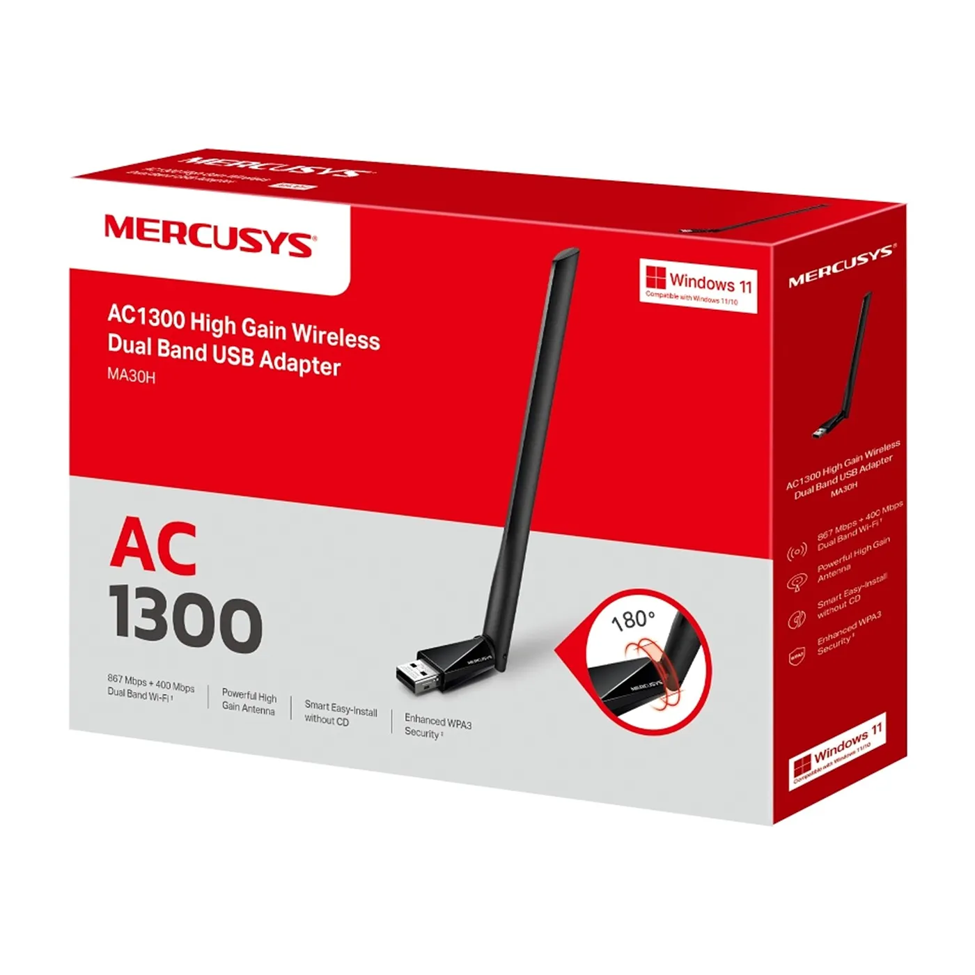 [021667] [MA30H]  Mercusys - Adaptador USB Inalambrico WiFi Doble banda de Alta Ganancia AC1300