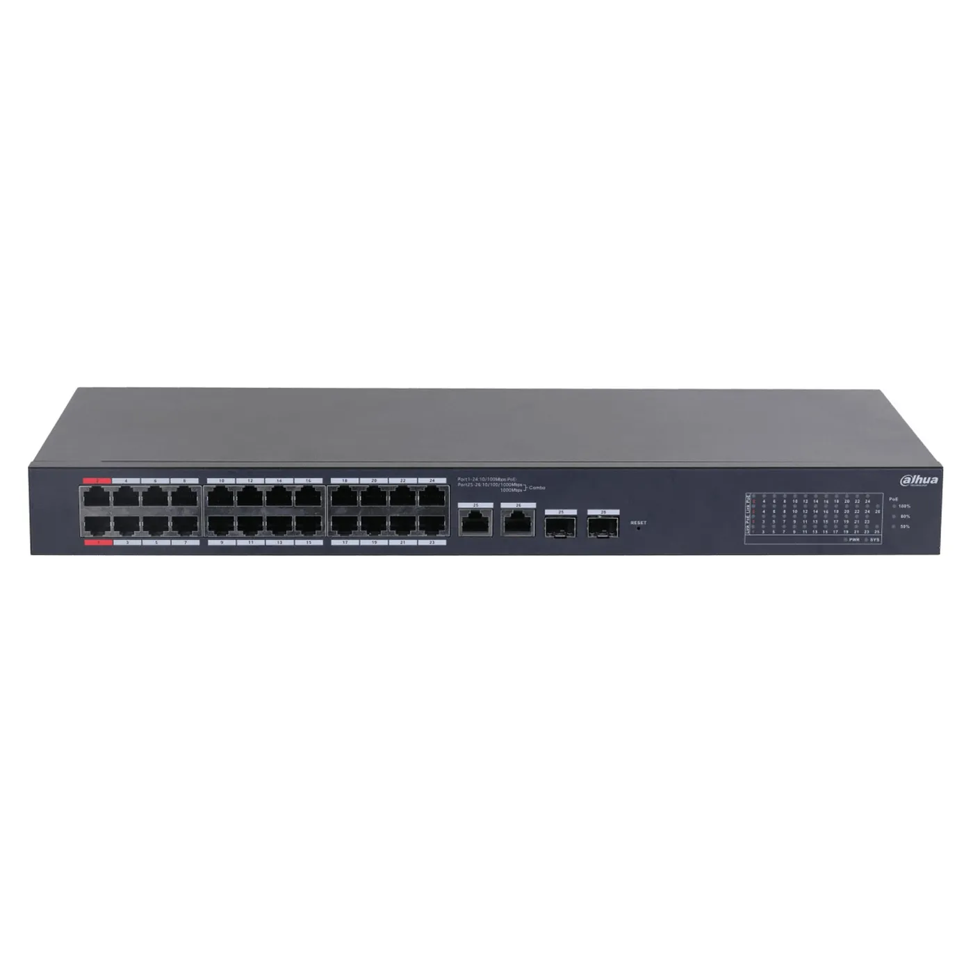 [021712] [DH-CS4226-24ET-240] Dahua - Switch de 26 Puertos 24 Puertos PoE 10/100 2 Uplink 10/100/1000 + 2 Puertos SFP 240 Watts Totales Administrable en la Nube por DoLynk Care PoE Hasta 250 Metros Switching 8.8 Gbps
