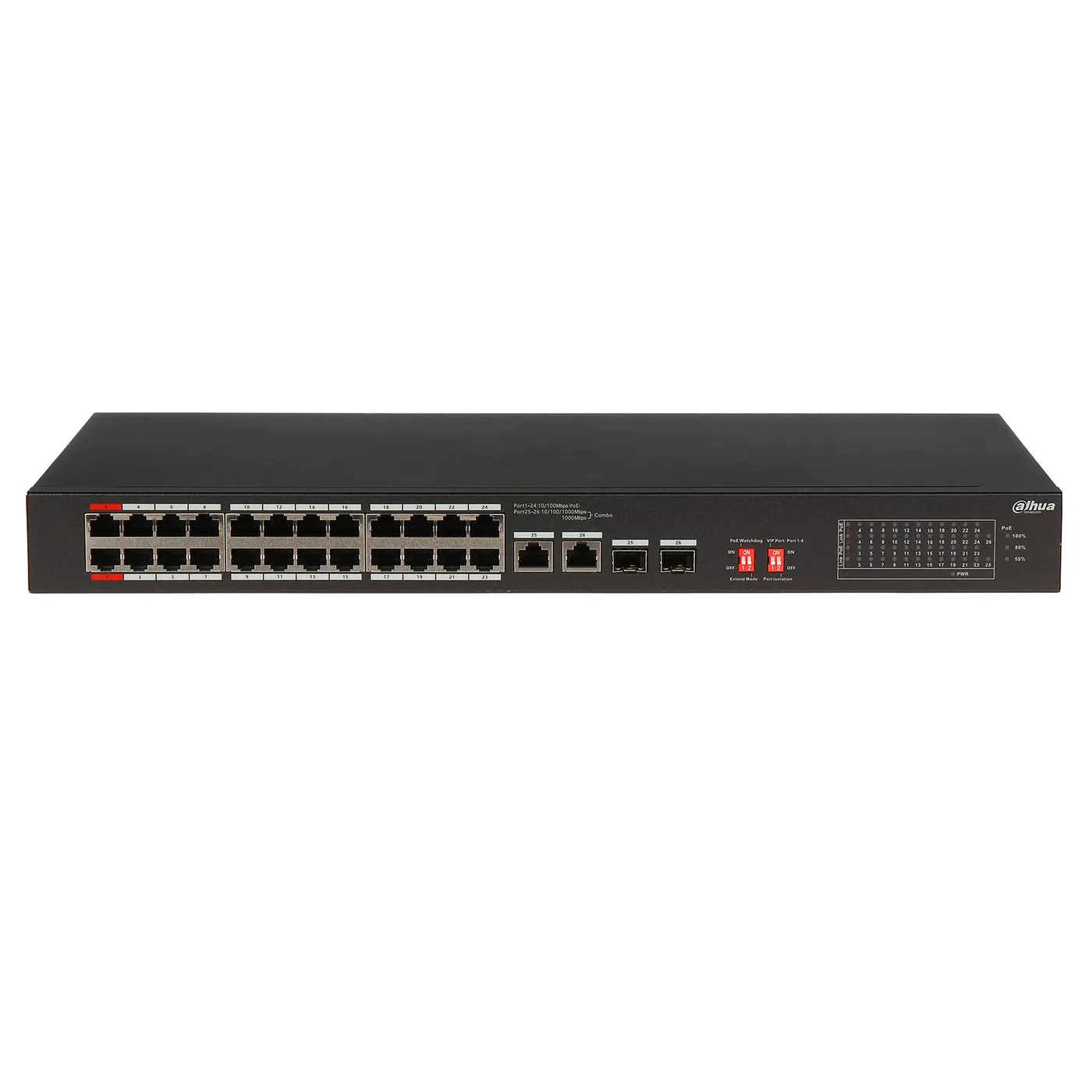 [021717] [DH-S3226-24ET-240] Dahua - Switch PoE para Montaje en Rack de 26 Puertos con 24 Puertos PoE (10/100 Mbps) 2 Puertos Uplink (Gigabit) y 2 Puertos SFP (Gigabit) Carcasa Metálica Total PoE 240W [No Administrable]