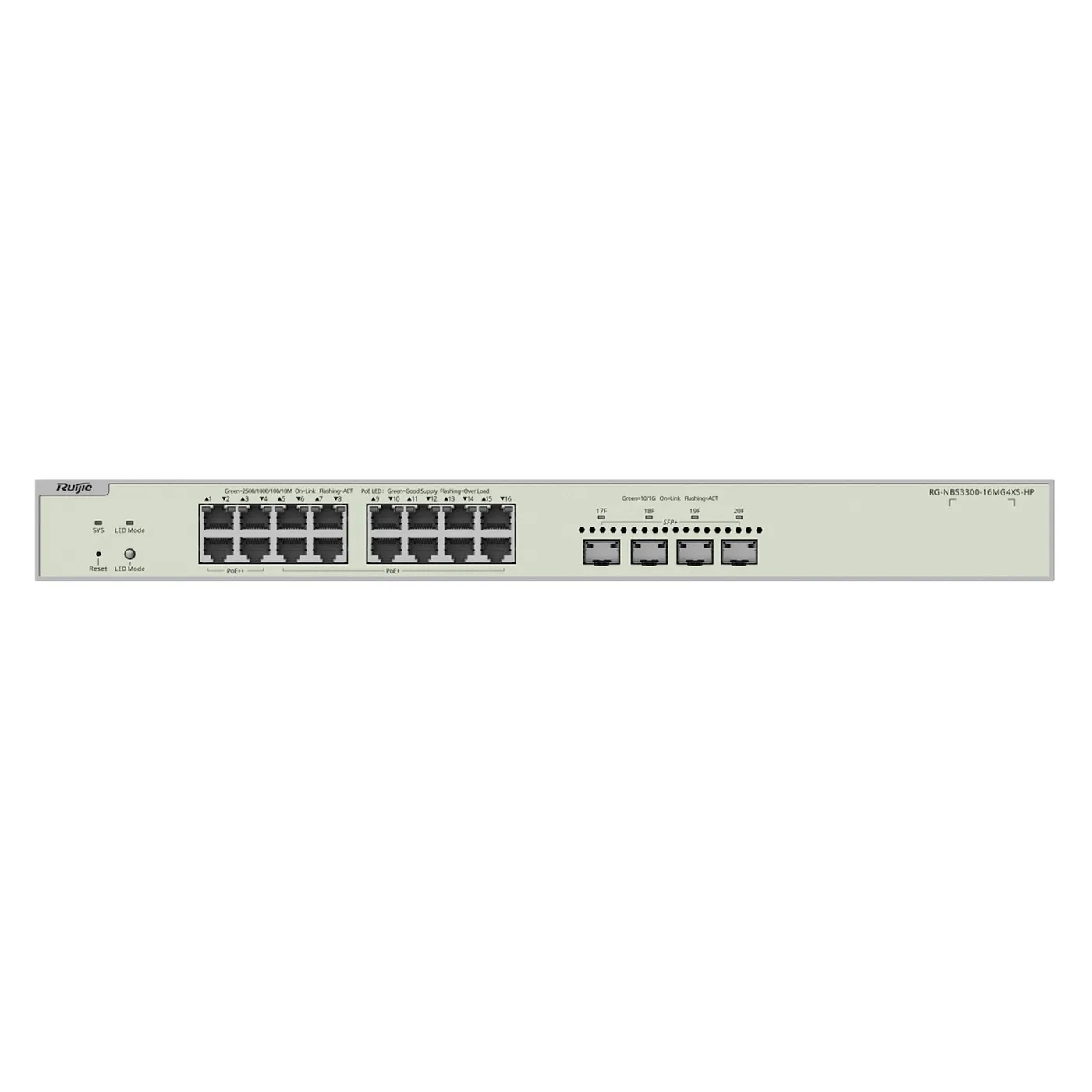 [021664] [RG-NBS3300-16MG4XS-HP] Ruijie/Reyee - SME Switch Multi-Gigabit PoE++ hasta 370W Capa 2 con 4 Puertos 2.5G (90W) 12 Puertos 2.5G (30W) y 4 Uplink SFP+ 10G Diseñado Para Access Points WiFi 6/7