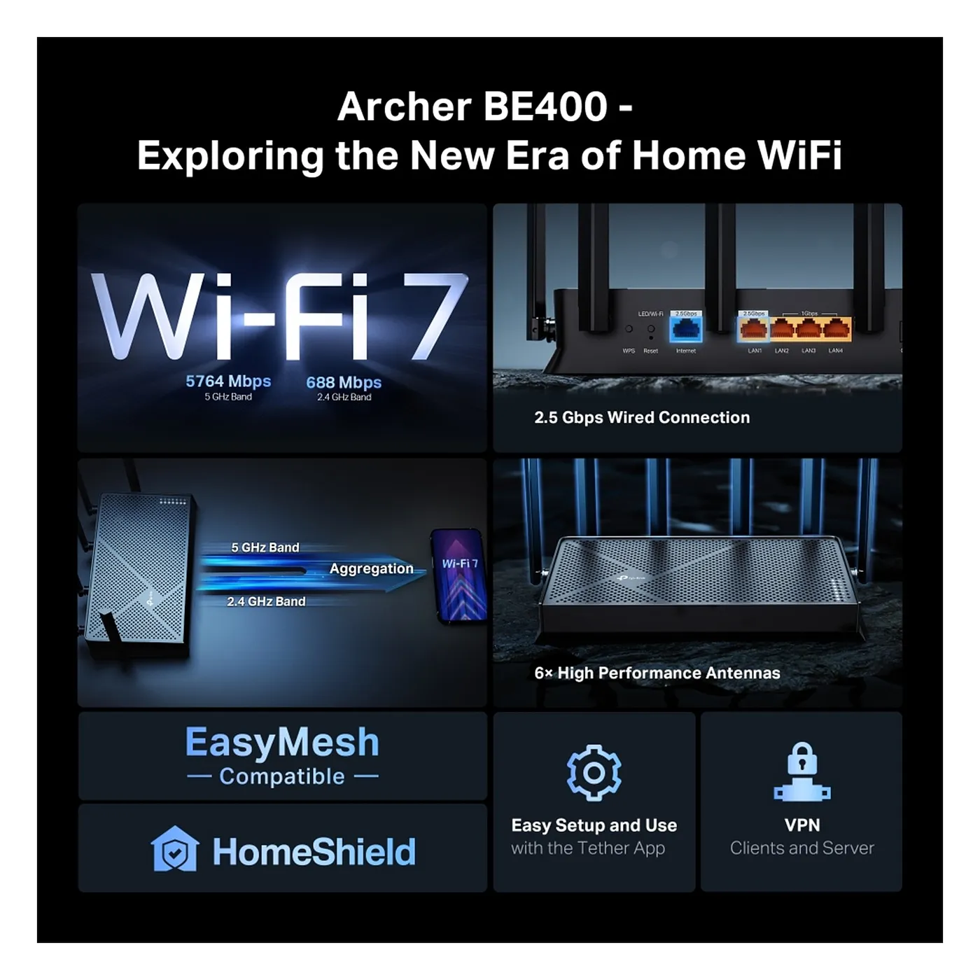 [021886] [BE400-Archer] TP-Link - Router Inalambrico Wi-Fi 7 EasyMesh Doble Banda de 6.5 Gbps Puertos 2.5G BE6500 WiFi7