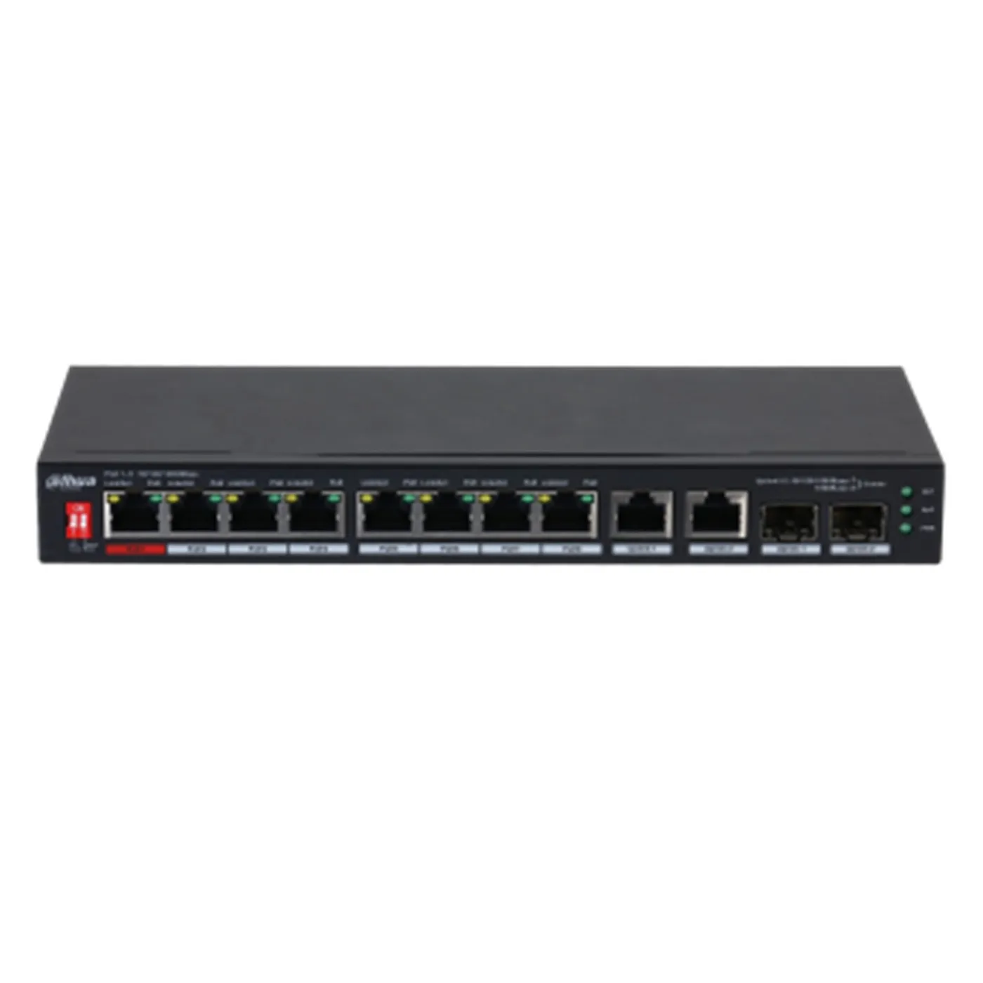 [021958] [DH-PFS3210-8GT2GF-96] Dahua - Switch PoE para Escritorio de 10 Puertos con 8 Puertos PoE (Gigabit) 2 Puertos Uplink (Gigabit) y 2 Puertos SFP (Gigabit) Carcasa Metálica Total PoE 96W [No Administrable]
