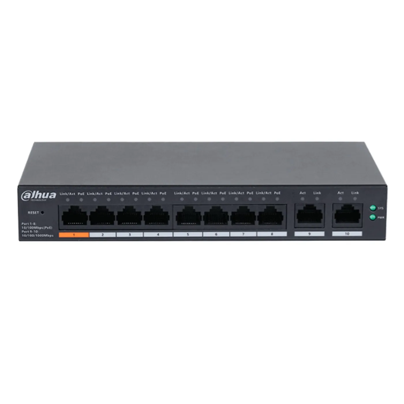 [021942] [DH-CS4010-8ET-60] Dahua - Switch Cloud L2 PoE de 10 Puertos con 8 Puertos RJ-45 PoE (10/100 Mbps) y 2 Puertos RJ-45 Uplink (Gigabit) Gestión en la Nube Carcasa Metálica Total PoE 60W