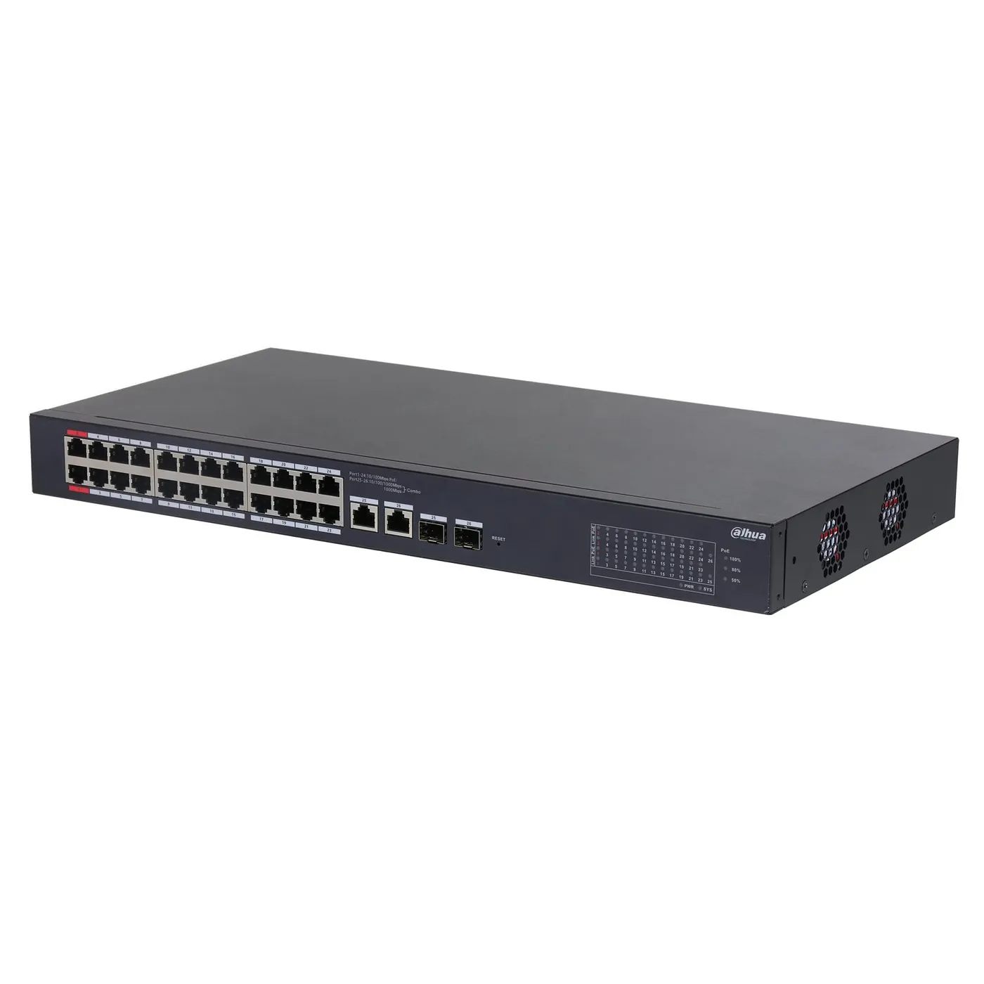 [021946] [DH-CS4226-24ET-240] Dahua - Switch Cloud L2 PoE de 26 Puertos con 24 Puertos RJ-45 PoE (10/100 Mbps) 2 Puertos RJ-45 Uplink (Gigabit) y 2 Puertos SFP (1000 Mbps) Gestión en la Nube Carcasa Metálica Total PoE 240W [Administrable]