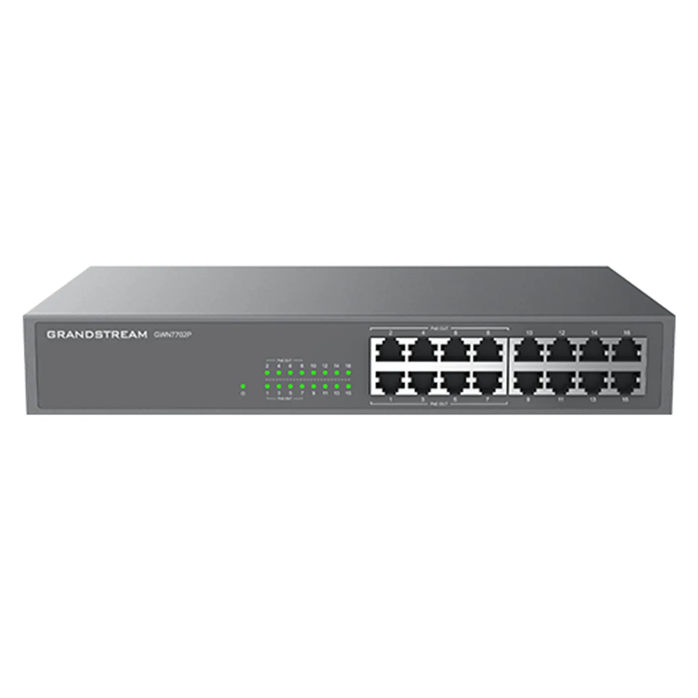 [022165] [GWN7702P] Grandstream - Switch PoE No Administrable 16 puertos RJ45 10/100/1000 Mbps 8 puertos PoE IEEE 802.3af y 802.3at presupuesto total de 138W capacidad de conmutación de 32Gbps