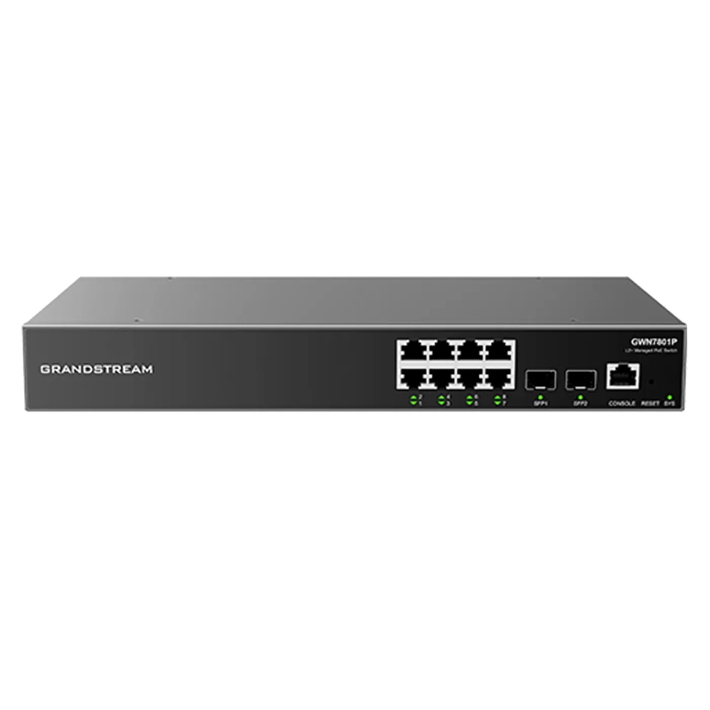 [022173] [GWN7801P] Grandstream - Switch PoE Administrable switch Capa 2+ con 8 puertos Gigabit Ethernet y 2 puertos SFP 8 puertos PoE IEEE 802.3af/at presupuesto total de 130W capacidad de conmutación de 20Gbps