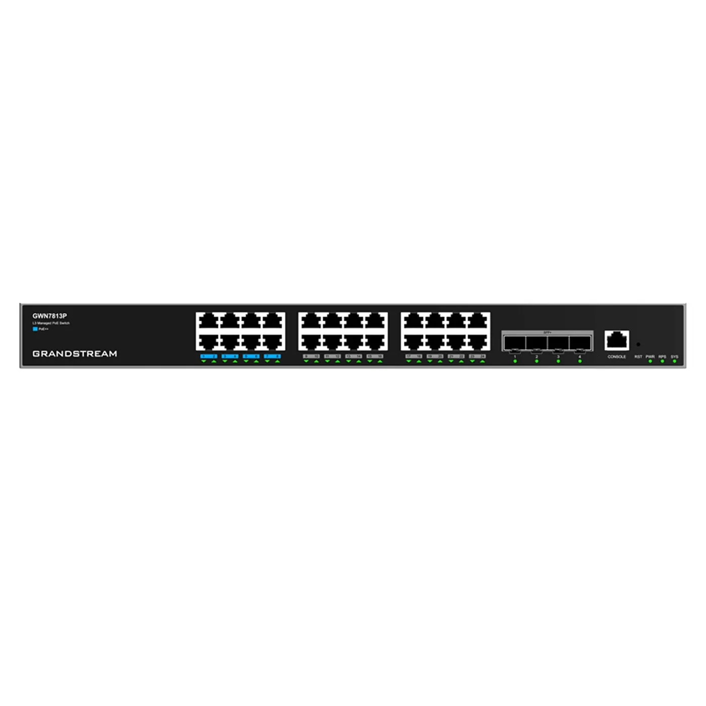 [022180] [GWN7813P] Grandstream - Switch PoE Capa 3 24 puertos Gigabit Ethernet y 4 puertos SFP+ de 10 Gigabit 24 puertos PoE IEEE 802.3af/at/bt presupuesto total de 370W capacidad de conmutación de 128Gbps