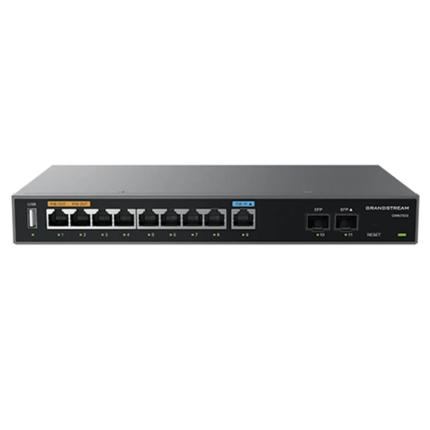 [022191] [GWN7003] Grandstream - Router Empresarial 9 puertos Gigabit Ethernet y 2 puertos SFP de 2.5 Gigabit todos configurables como WAN/LAN 2 puertos con salida PoE enrutamiento NAT de 2.2Gbps IPsec VPN de 530Mbps hasta 100 túneles concurrentes