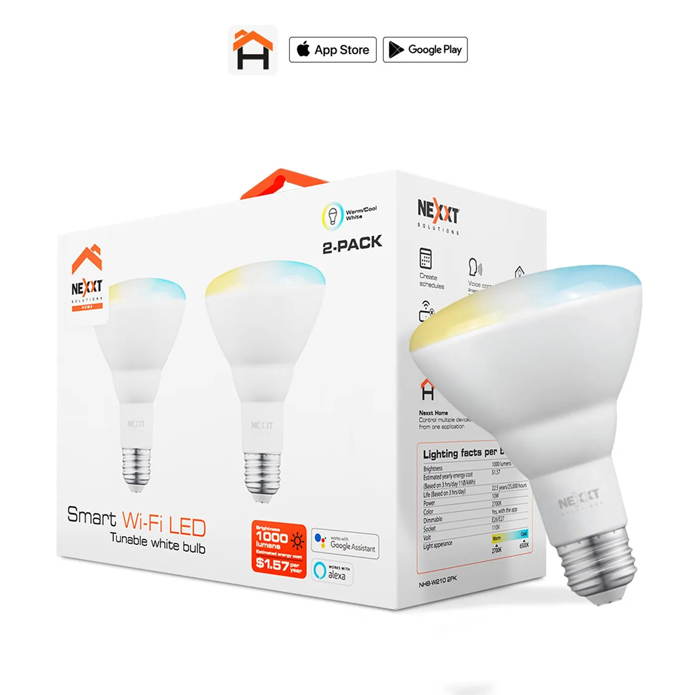 [050658] [NHB-W2102PK] Nexxt Home - Bombillo LED 10W Blanco Regulable [2700 a 6500K] Inteligente 110V BR30 WiFi [2 Unidades]