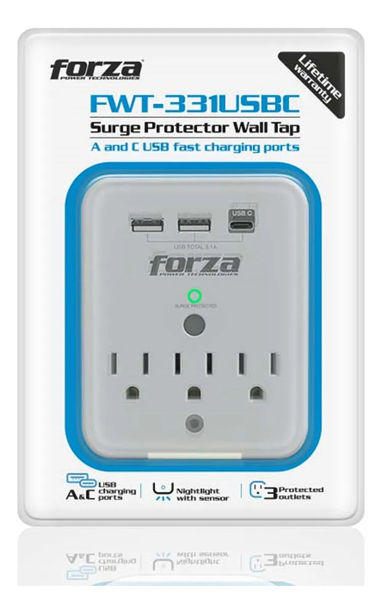 [060670] [FWT-331USBC] Forza - Toma Corriente Protector de Voltaje 1875W [3] x NEMA 5-15R + USB 120V