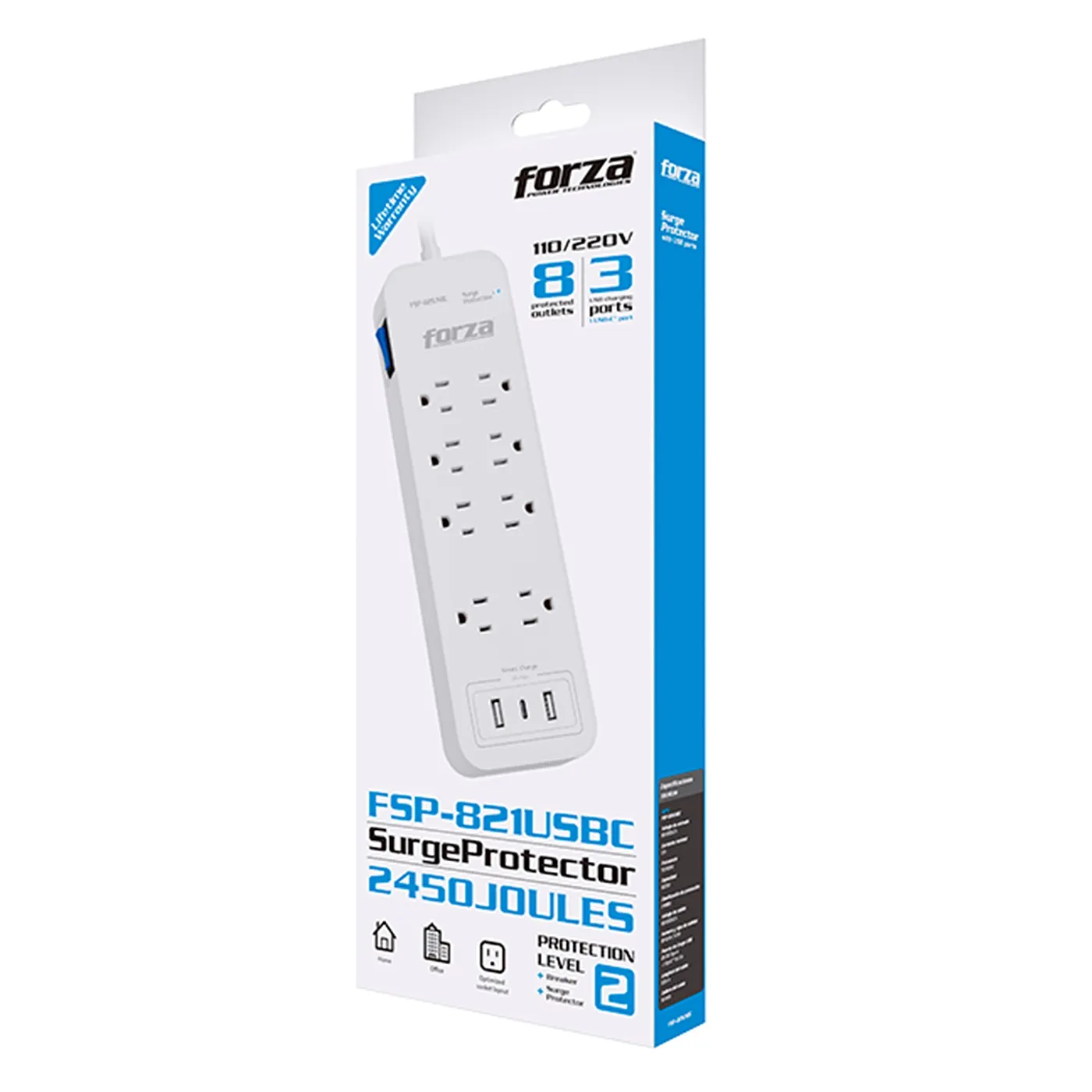 [061798] [FSP-821USBC] Forza: Protector Contra Sobretensiones 1625W/2450J 8 Tomas 2 USB-A 1 USB-C 110V/220V