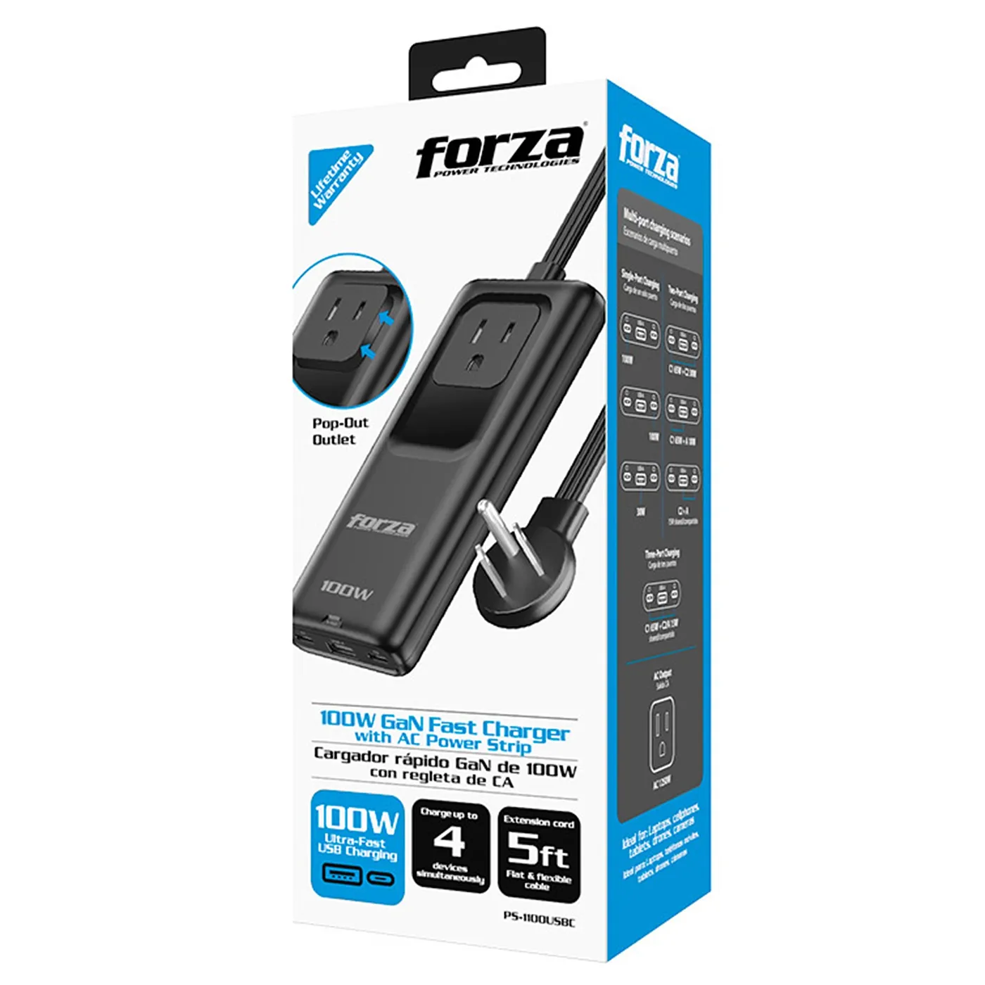 [061799] [PS-1100USBC] Forza: Regleta con Cargador Rápido 100W 1 NEMA 110V/220V USB-C con Indicador LED