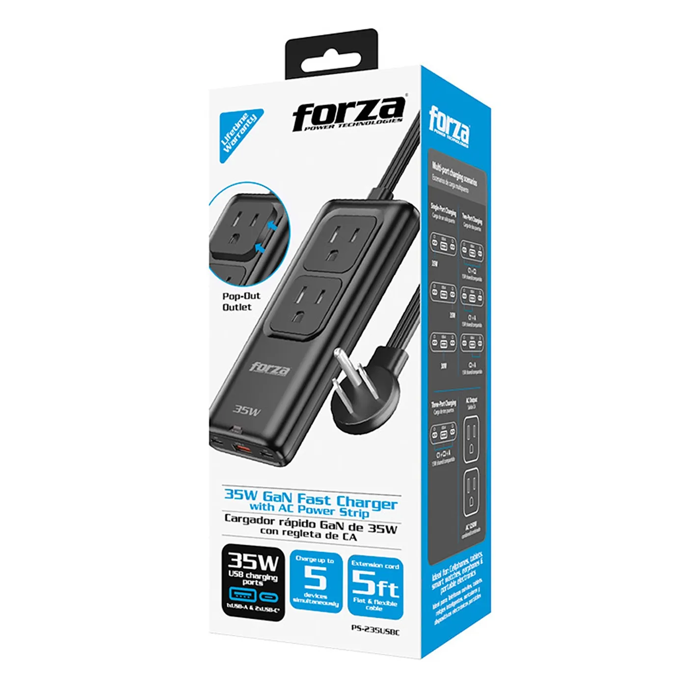 [061800] [PS-235USBC] Forza: Regleta con Cargador Rápido 35W 2 NEMA 110V/220V USB-C con Indicador LED