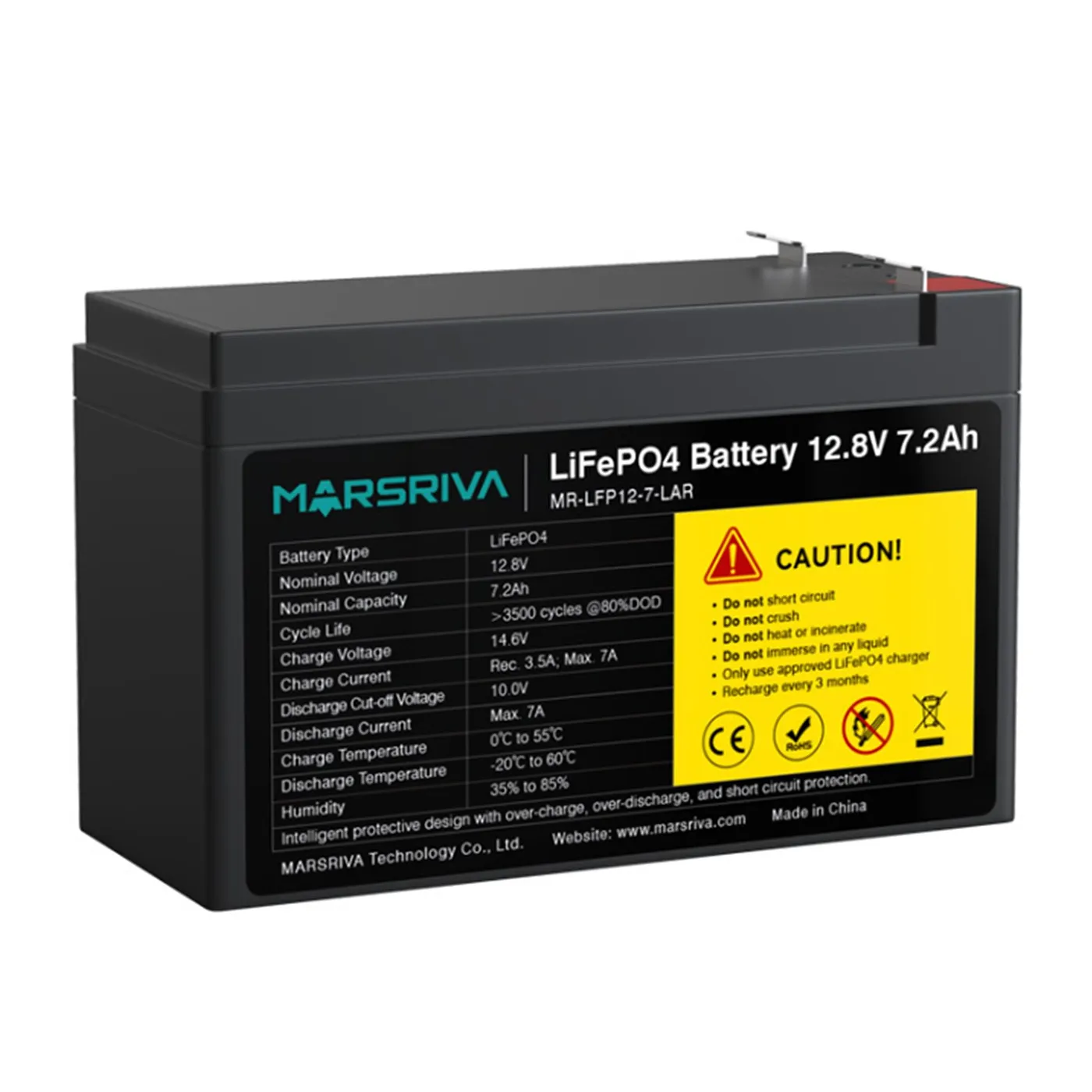 [070853] [MR-LFP12-7-LAR] Marsriva - Batería de Litio de Reemplazo de Plomo-Ácido 12.8V 7.2Ah (92.16Wh / 12.8V / 7.2Ah) Entrada de CC de 12-45V