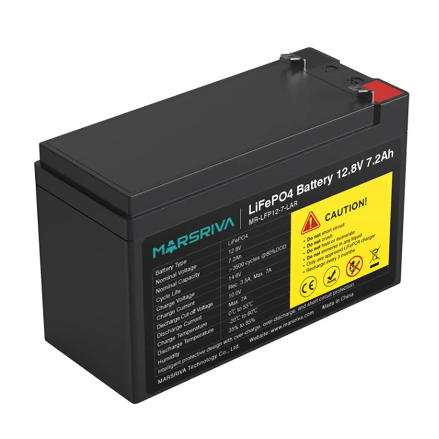 [070853] [MR-LFP12-7-LAR] Marsriva - Batería de Litio de Reemplazo de Plomo-Ácido 12.8V 7.2Ah (92.16Wh / 12.8V / 7.2Ah) Entrada de CC de 12-45V