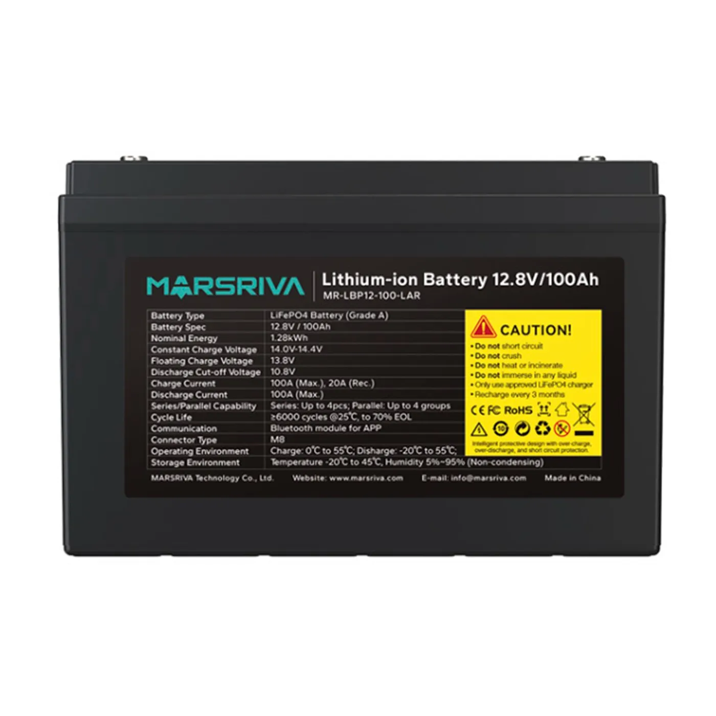 [070855] [MR-LBP12-100-LAR] Marsriva - Batería de Litio de Reemplazo de Plomo-Ácido 12.8V 100Ah (1.28kWh / 12.8V / 100Ah)