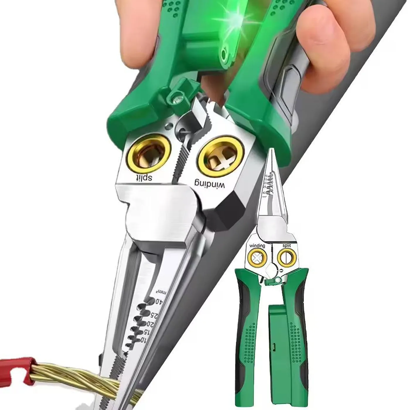 [070888] [STC-STRP-8IN1] STC - Alicate Multifuncional 8 en 1 de Acero Inoxidable para Electricista con Pelador de Cables Probador de Voltaje Enrollador de Cables con Lapiz Medidor