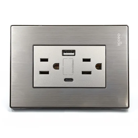 [070721] [I105/2U-C] Igoto - Toma Corriente con Tierra + USB y Tipo C Serie Inox