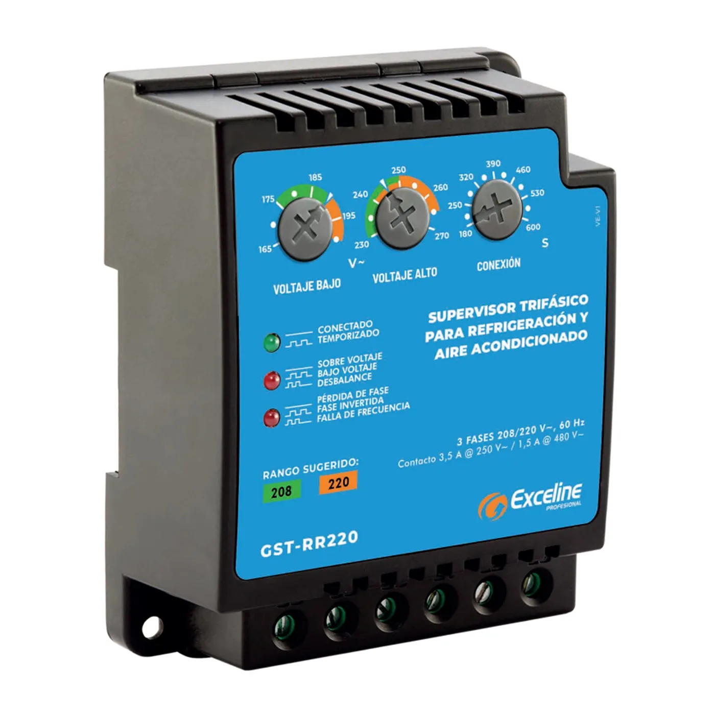 [070753] [GST-RR220] Exceline - Supervisor de voltaje Trifasico para refrigeracion y A/A 220V [Bornera]