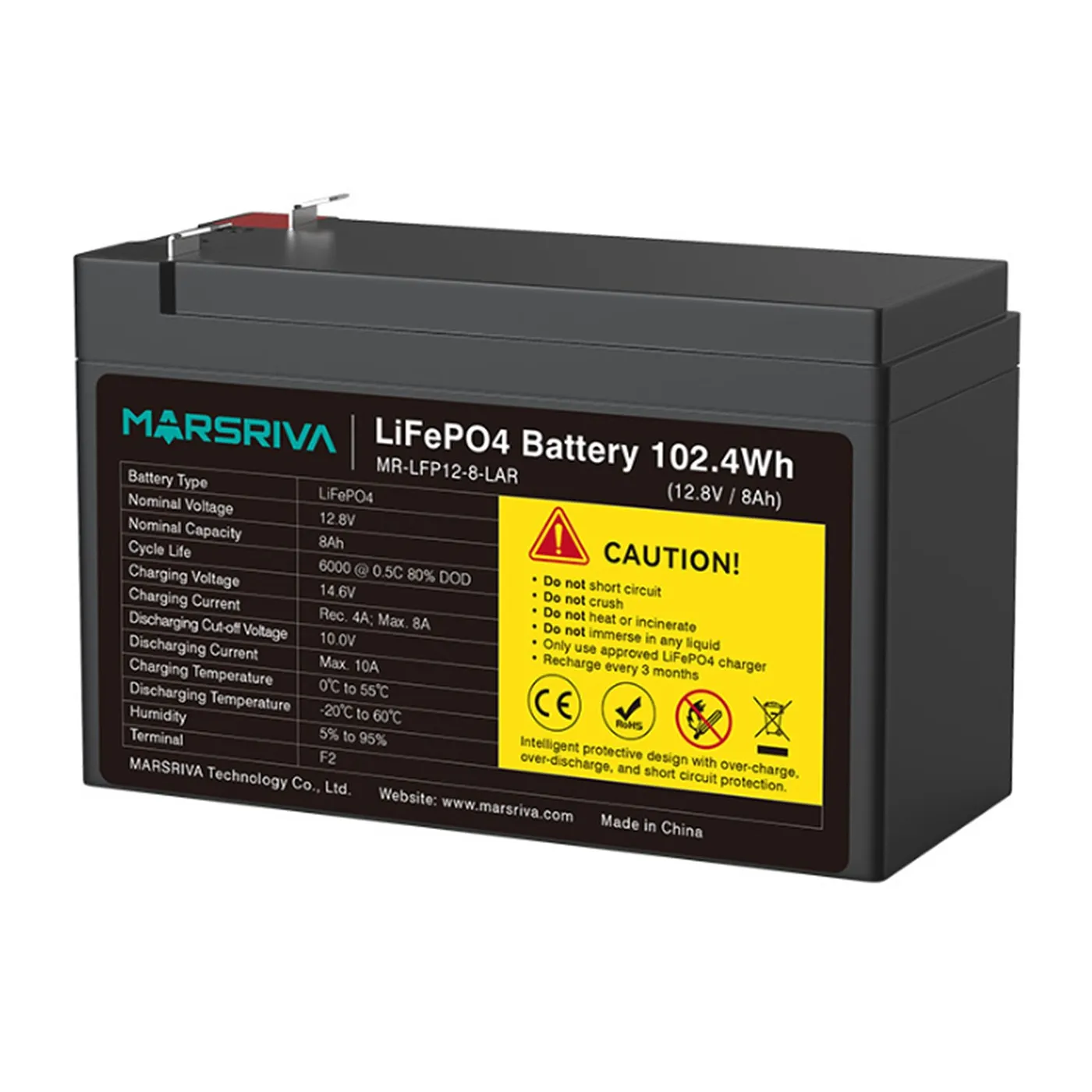 [070923] [MR-LFP12-8-LAR] Marsriva - Batería de Litio de Reemplazo de Plomo-Ácido 12.8V 8Ah (102.4Wh / 12.8V / 8Ah)