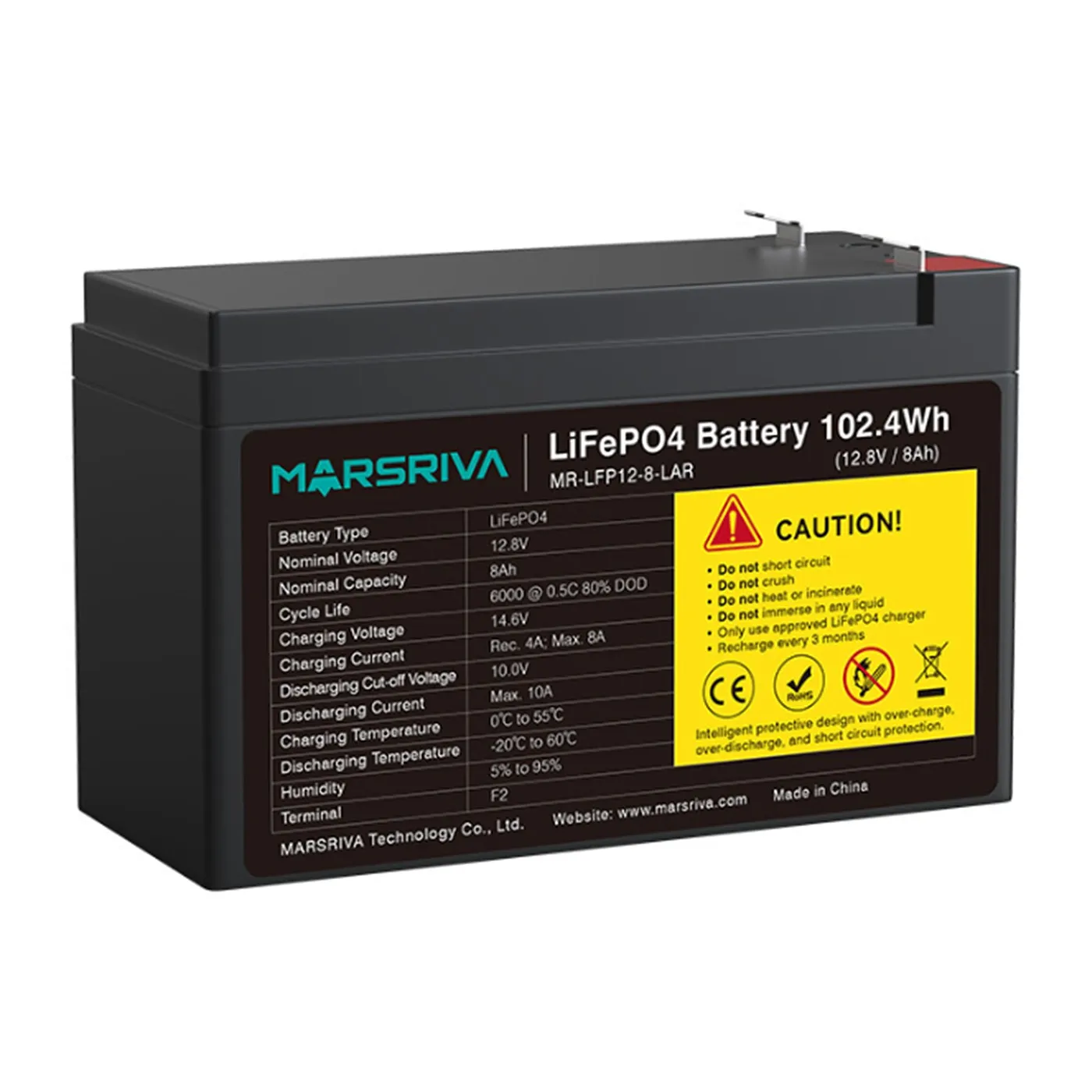 [070923] [MR-LFP12-8-LAR] Marsriva - Batería de Litio de Reemplazo de Plomo-Ácido 12.8V 8Ah (102.4Wh / 12.8V / 8Ah)